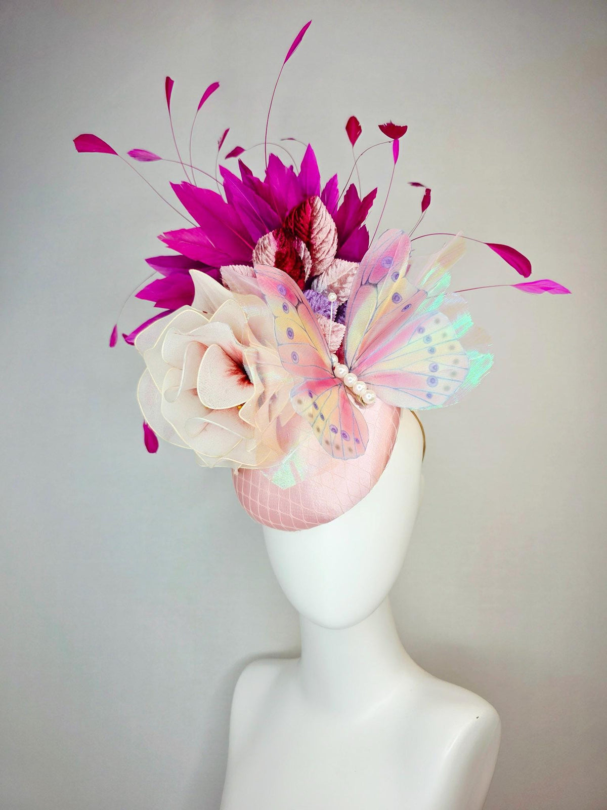 kentucky derby hat fascinator baby pink satin netting cream mesh flower light pink wine lavender leaves magenta purple feathers butterfly
