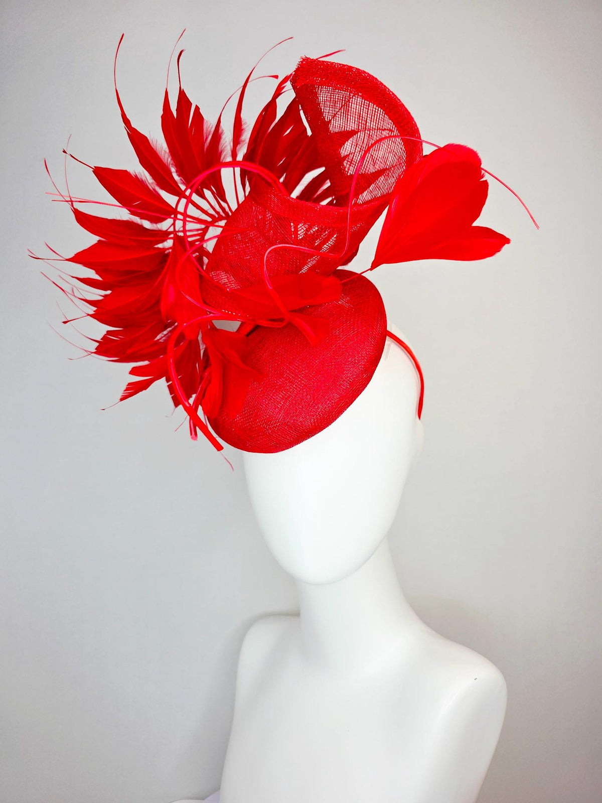kentucky derby hat fascinator bright scarlet red sinamay with sinamay curl and cherry red branching feathers