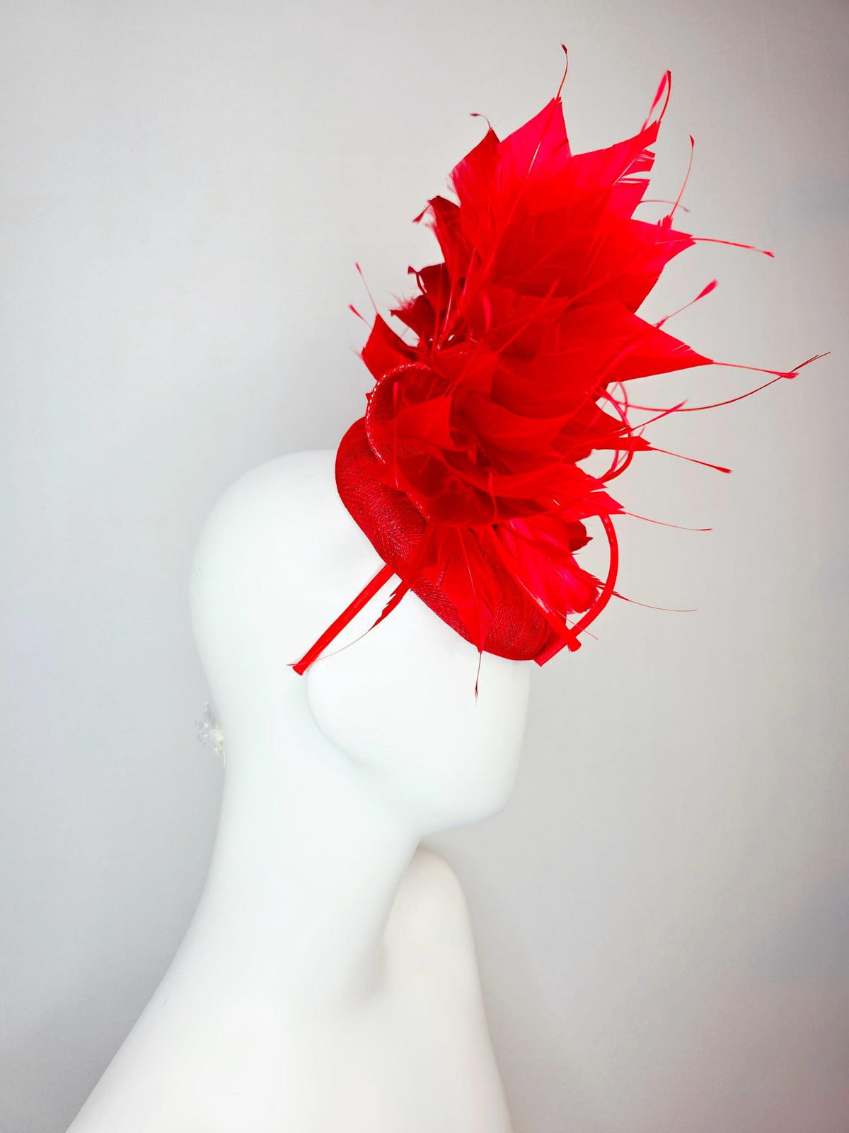 kentucky derby hat fascinator bright scarlet red sinamay with sinamay curl and cherry red branching feathers