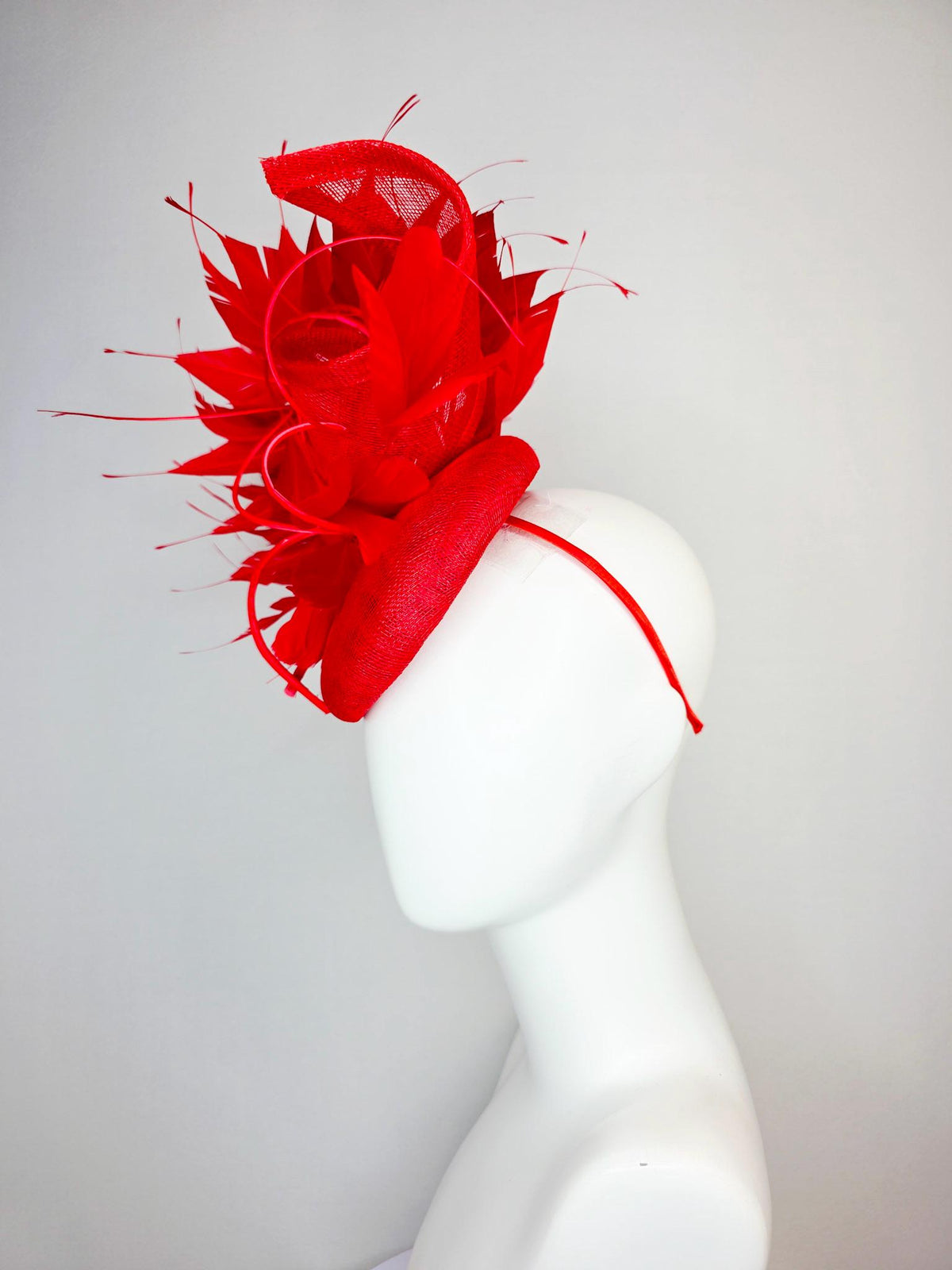 kentucky derby hat fascinator bright scarlet red sinamay with sinamay curl and cherry red branching feathers