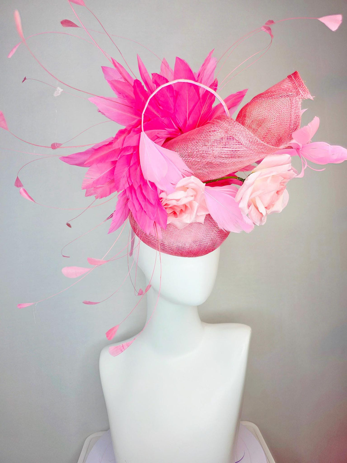 kentucky derby hat fascinator baby blush pink sinamay with sinamay curl and pale light pink satin rose flowers and pink branching feathers