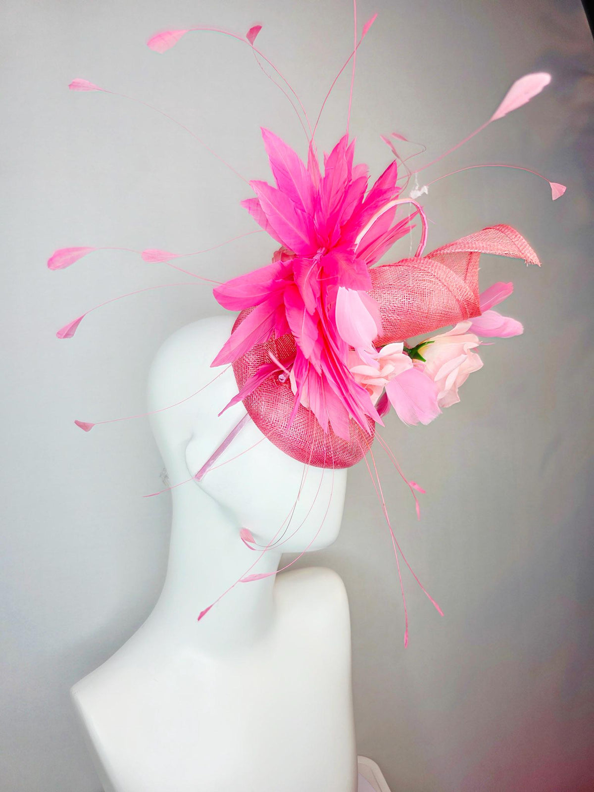 kentucky derby hat fascinator baby blush pink sinamay with sinamay curl and pale light pink satin rose flowers and pink branching feathers