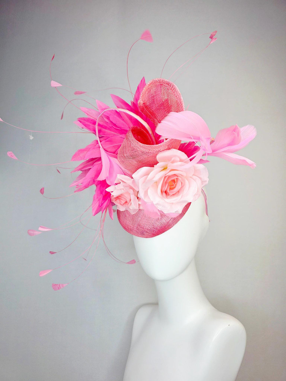 kentucky derby hat fascinator baby blush pink sinamay with sinamay curl and pale light pink satin rose flowers and pink branching feathers