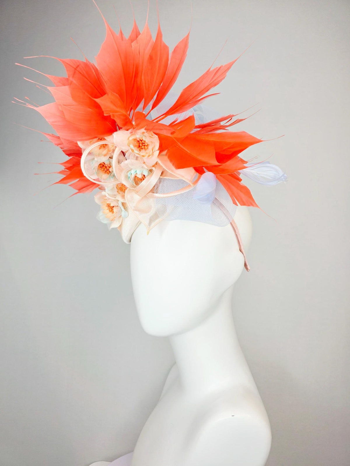 kentucky derby hat fascinator ivory satin gold crystal rhinestones lavender blue crinoline bow peach organza flowers coral orange feathers