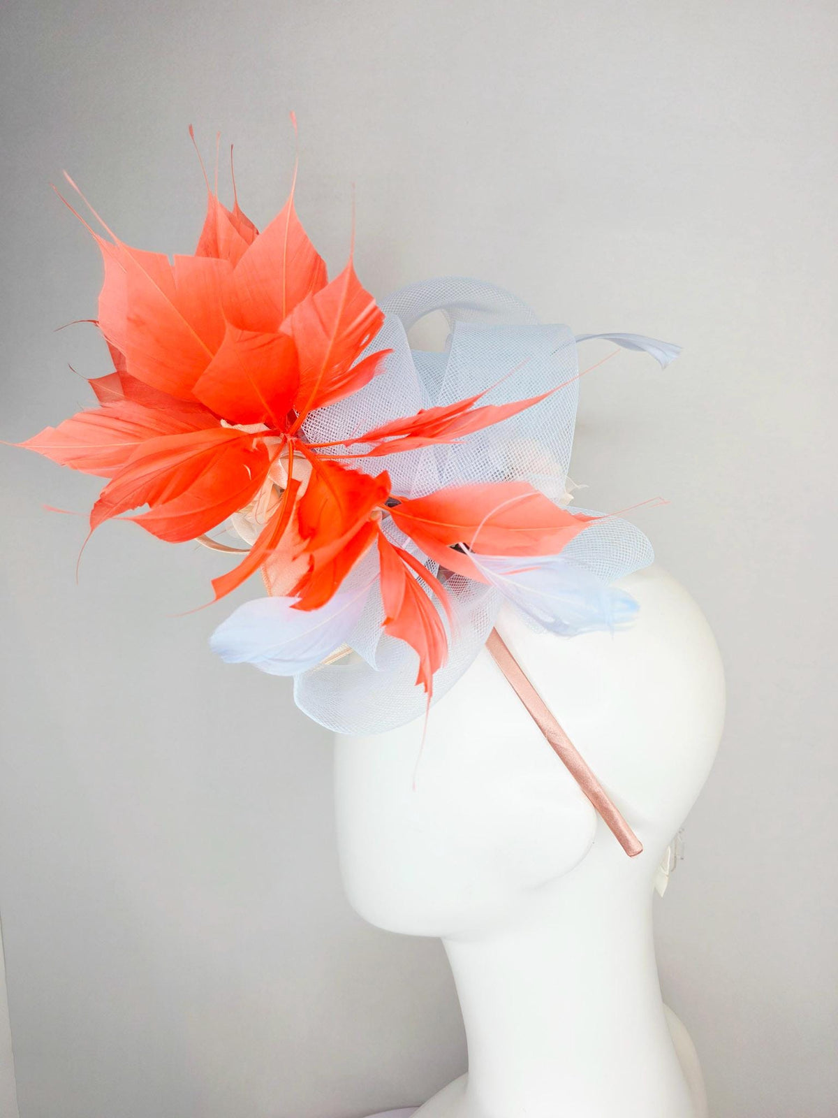 kentucky derby hat fascinator ivory satin gold crystal rhinestones lavender blue crinoline bow peach organza flowers coral orange feathers