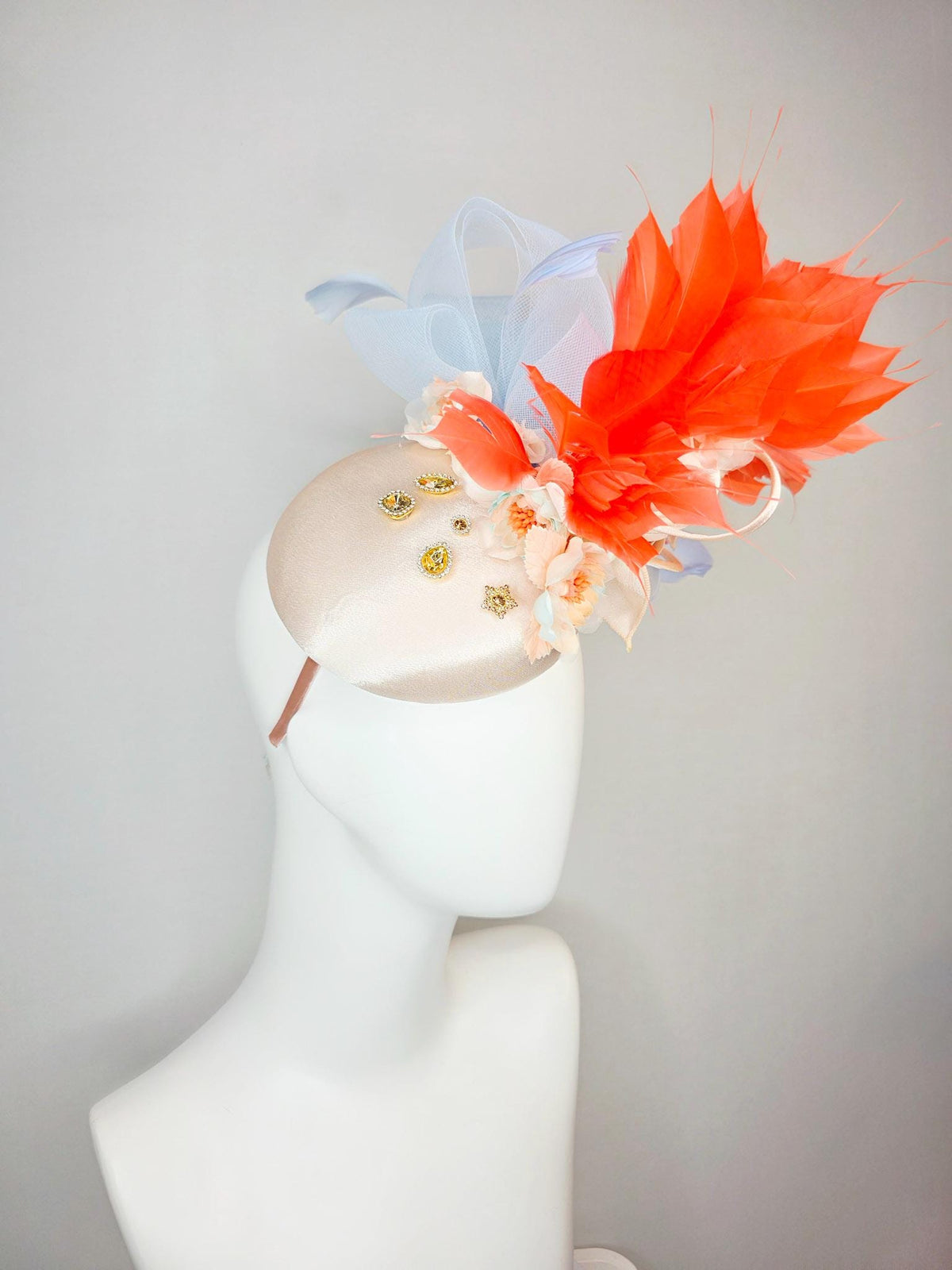 kentucky derby hat fascinator ivory satin gold crystal rhinestones lavender blue crinoline bow peach organza flowers coral orange feathers