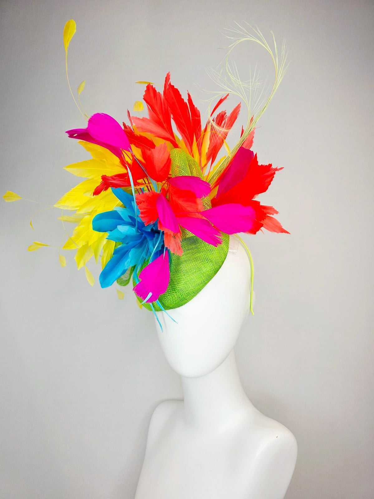 kentucky derby hat fascinator lime green sinamay with sinamay bow colorful sky ocean blue yellow coral red fuchsia pink branching feathers