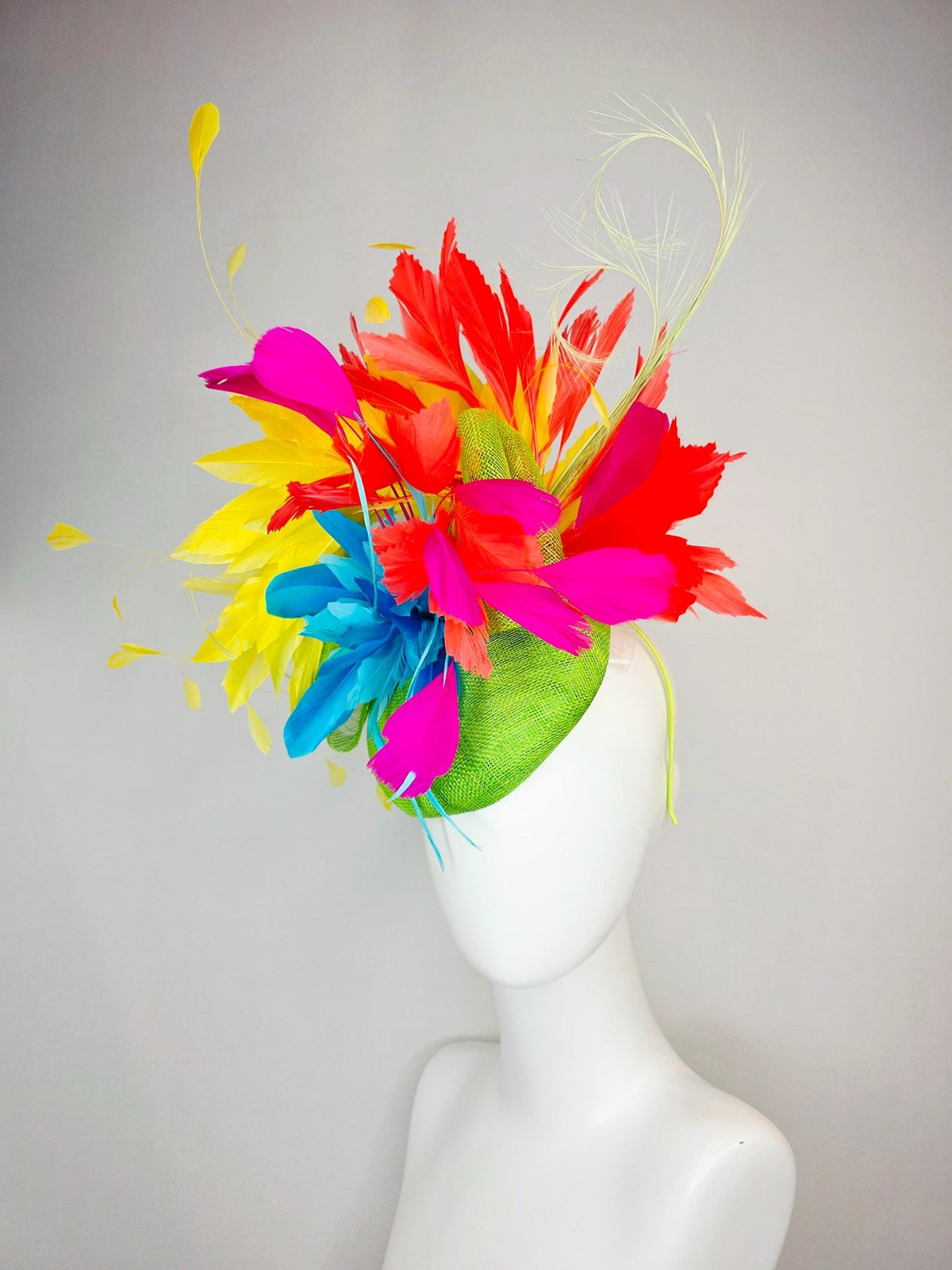 kentucky derby hat fascinator lime green sinamay with sinamay bow colorful sky ocean blue yellow coral red fuchsia pink branching feathers