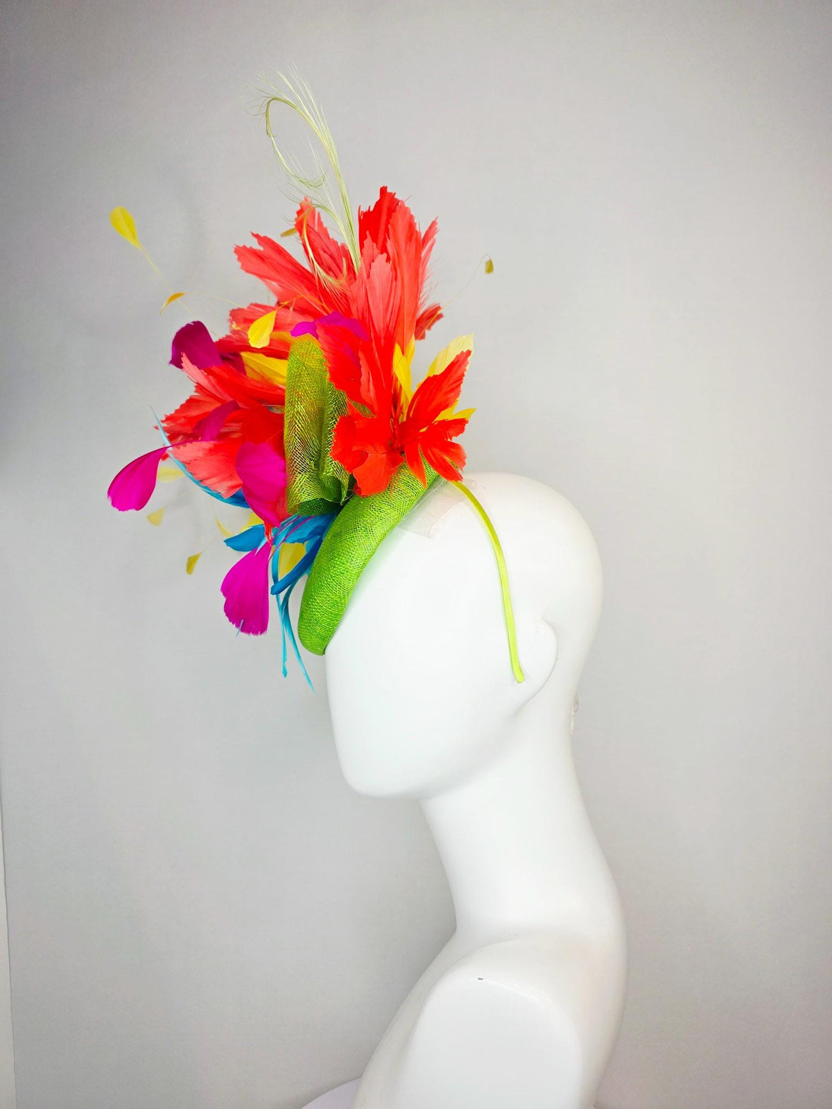 kentucky derby hat fascinator lime green sinamay with sinamay bow colorful sky ocean blue yellow coral red fuchsia pink branching feathers
