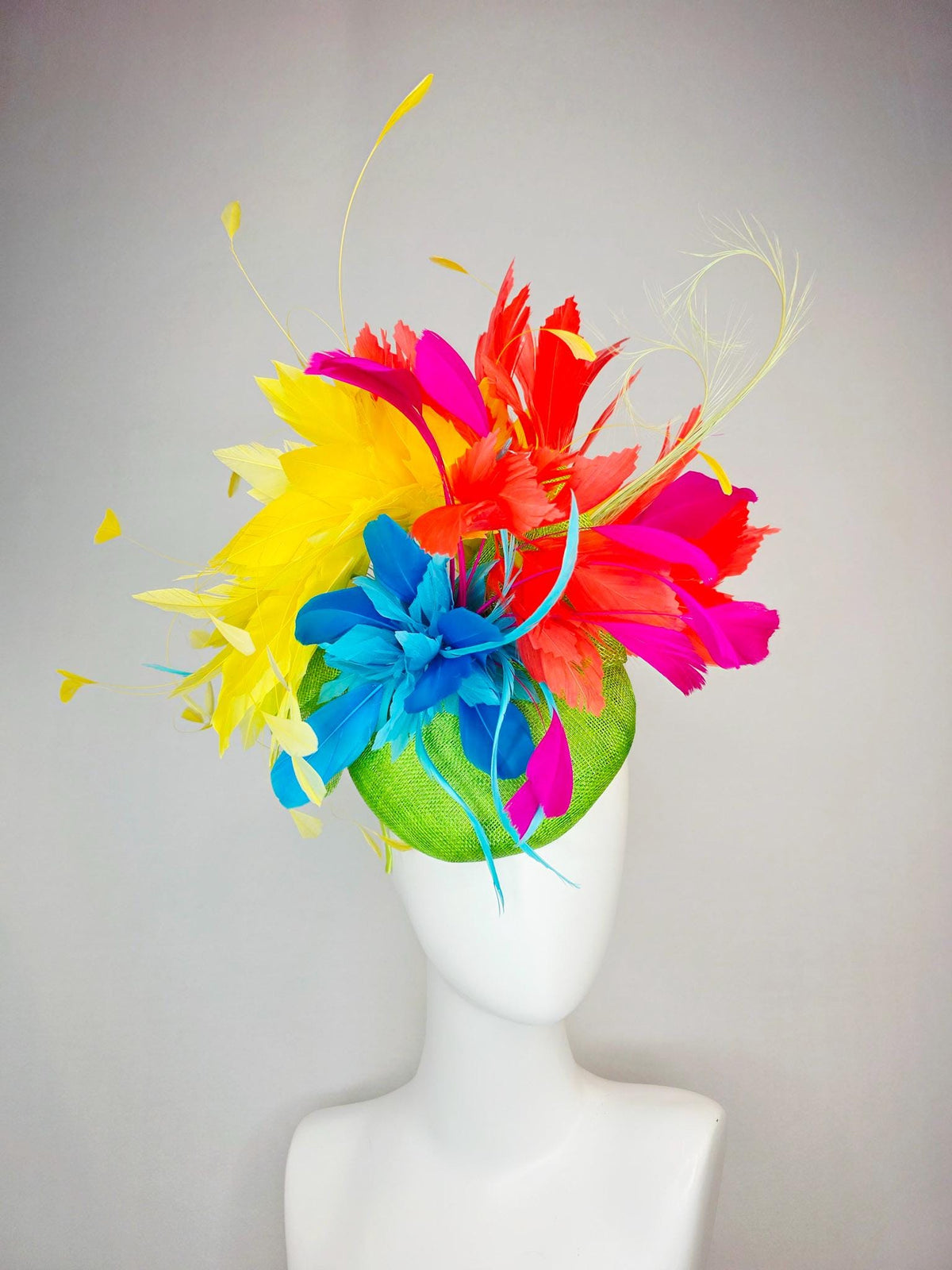 kentucky derby hat fascinator lime green sinamay with sinamay bow colorful sky ocean blue yellow coral red fuchsia pink branching feathers