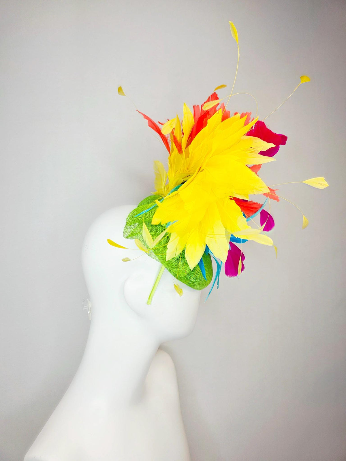 kentucky derby hat fascinator lime green sinamay with sinamay bow colorful sky ocean blue yellow coral red fuchsia pink branching feathers