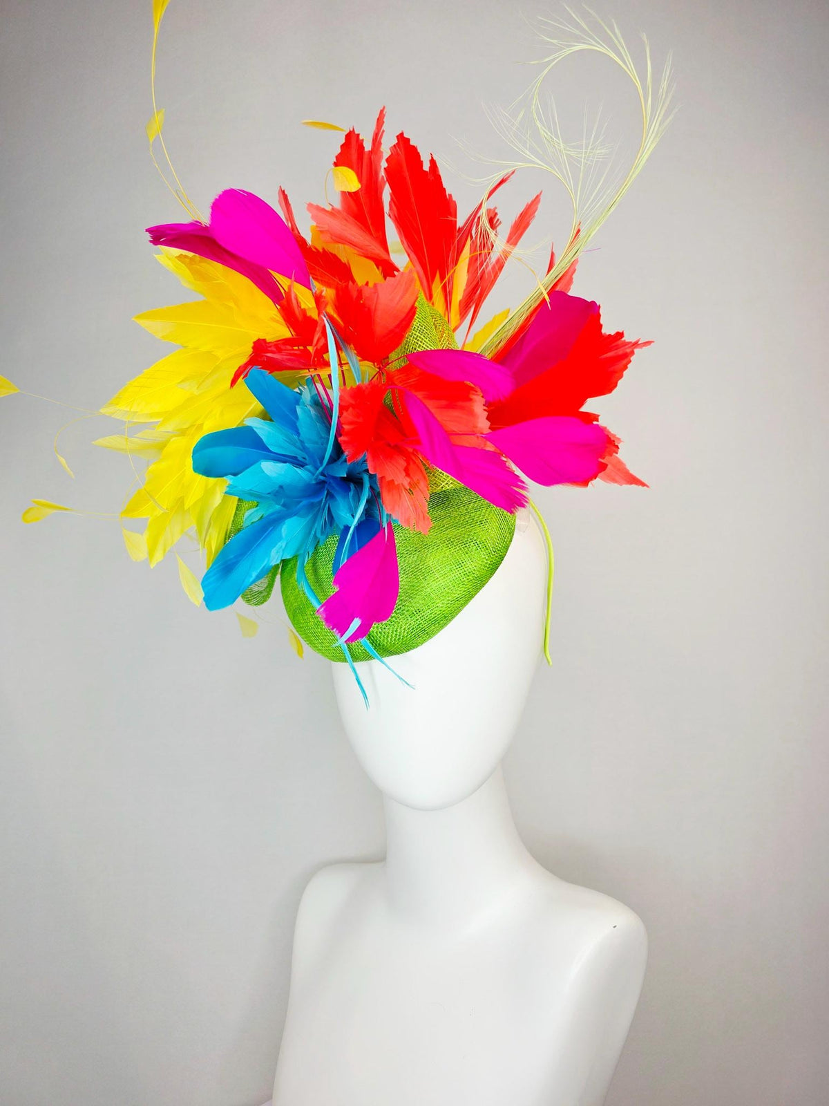 kentucky derby hat fascinator lime green sinamay with sinamay bow colorful sky ocean blue yellow coral red fuchsia pink branching feathers
