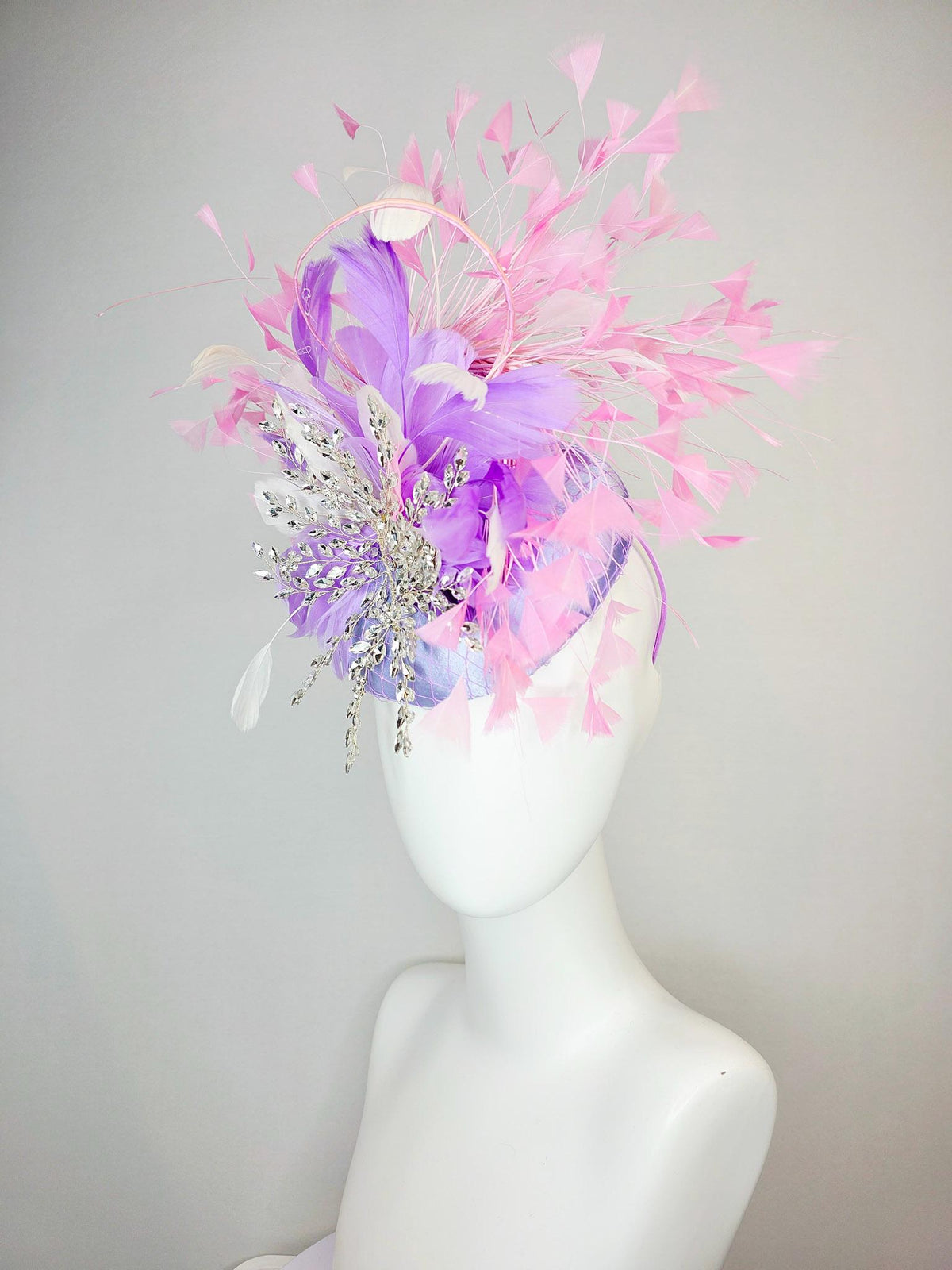 kentucky derby hat fascinator light purple satin with netting with leaf vine crystal rhinestone jewels and white lavender baby pink feathers