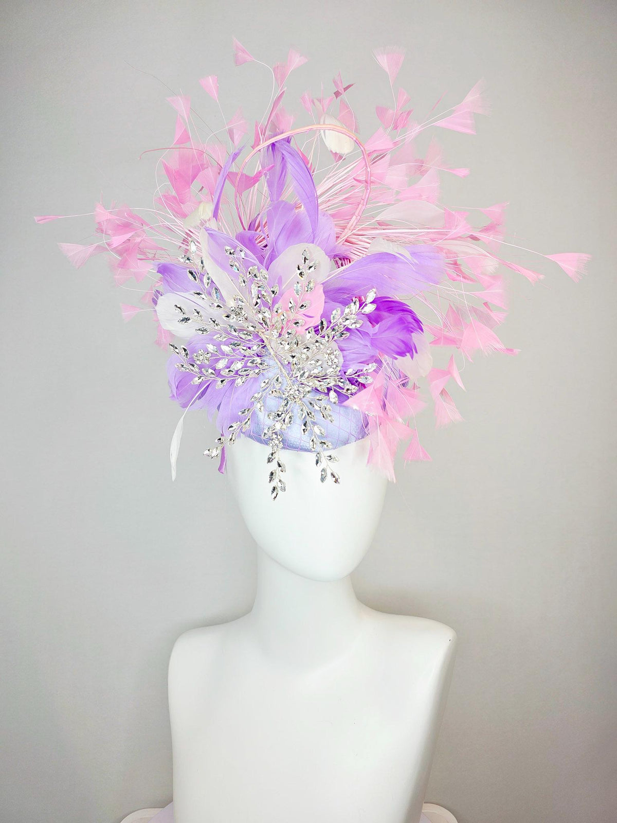 kentucky derby hat fascinator light purple satin with netting with leaf vine crystal rhinestone jewels and white lavender baby pink feathers