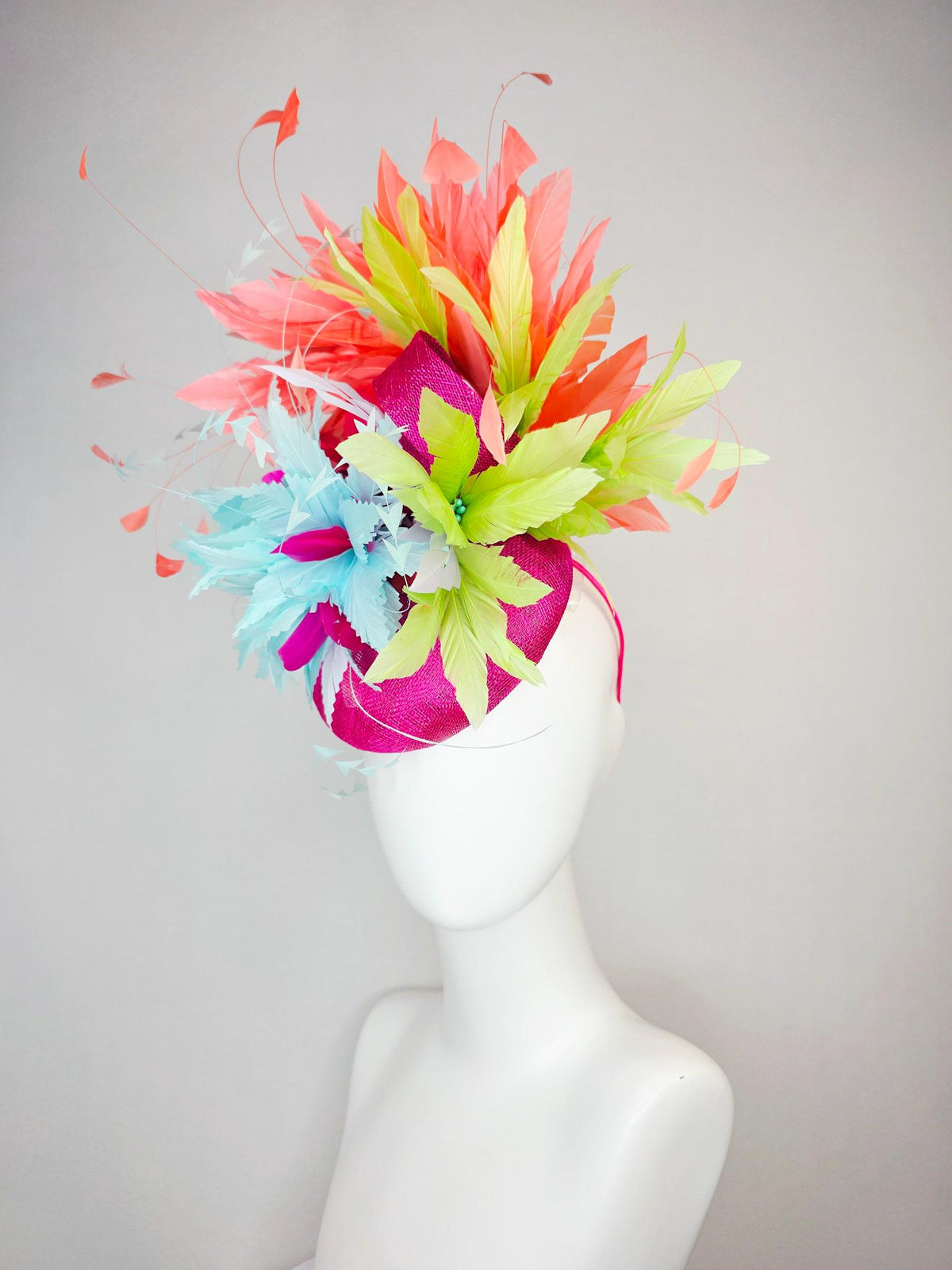 kentucky derby hat fascinator fuchsia pink sinamay with light sky blue lime green feather flowers coral peach orange branching feathers