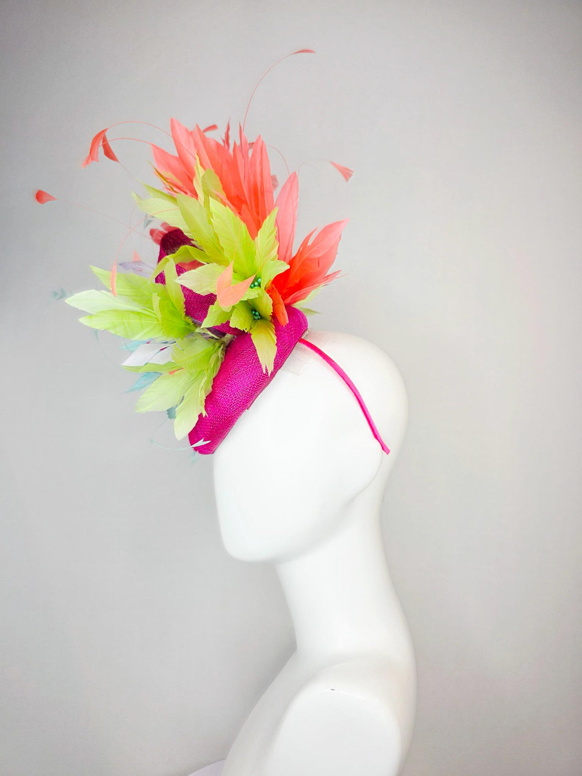 kentucky derby hat fascinator fuchsia pink sinamay with light sky blue lime green feather flowers coral peach orange branching feathers
