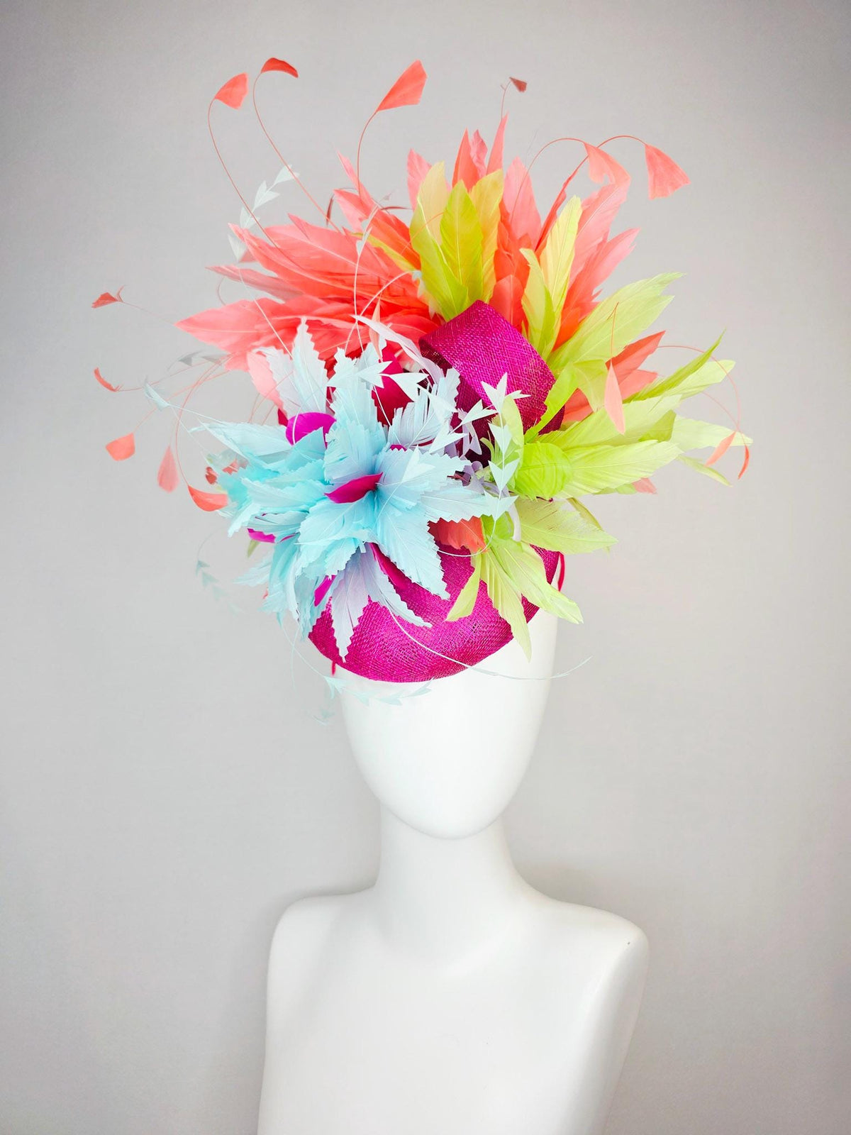 kentucky derby hat fascinator fuchsia pink sinamay with light sky blue lime green feather flowers coral peach orange branching feathers