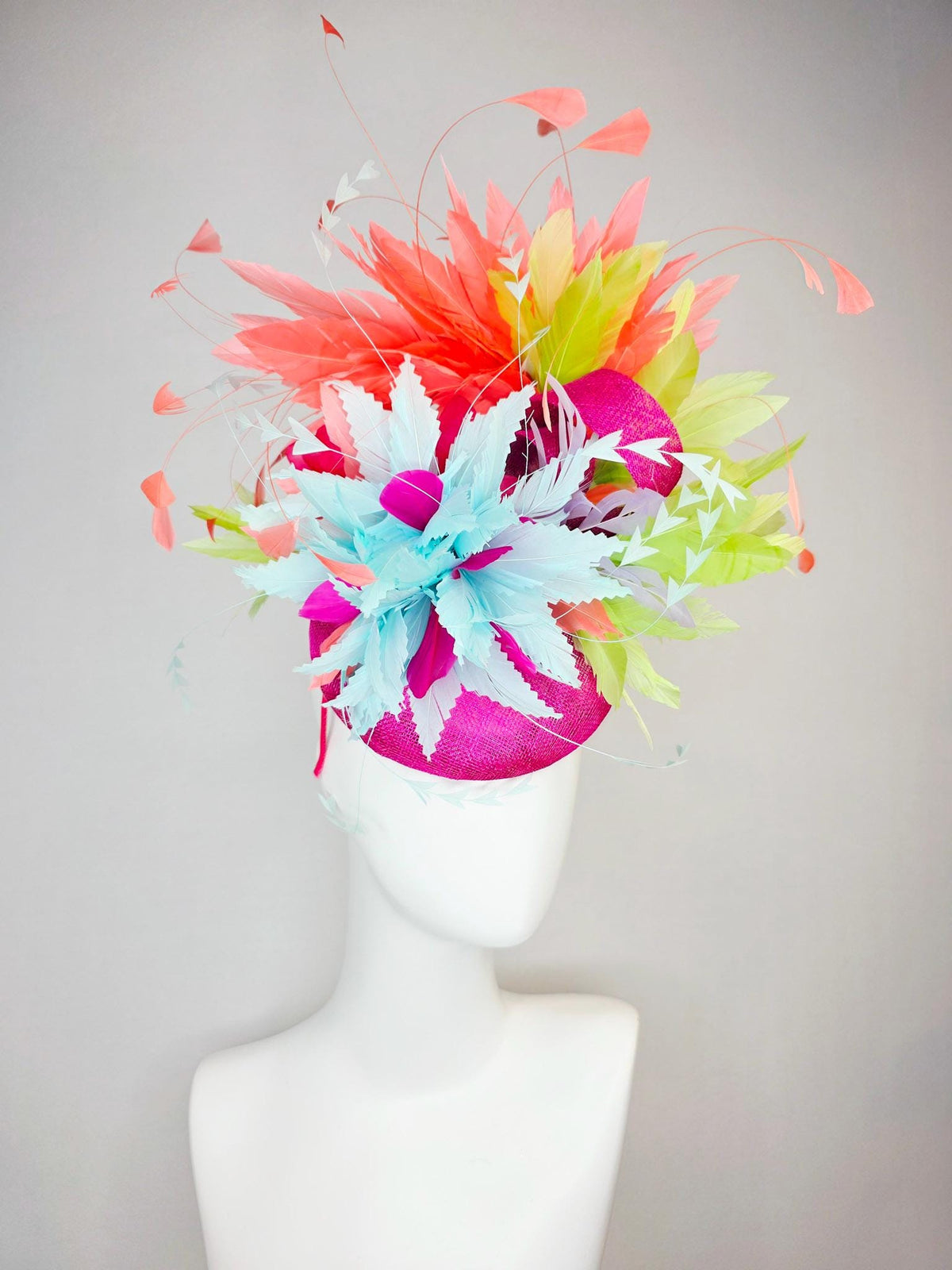 kentucky derby hat fascinator fuchsia pink sinamay with light sky blue lime green feather flowers coral peach orange branching feathers