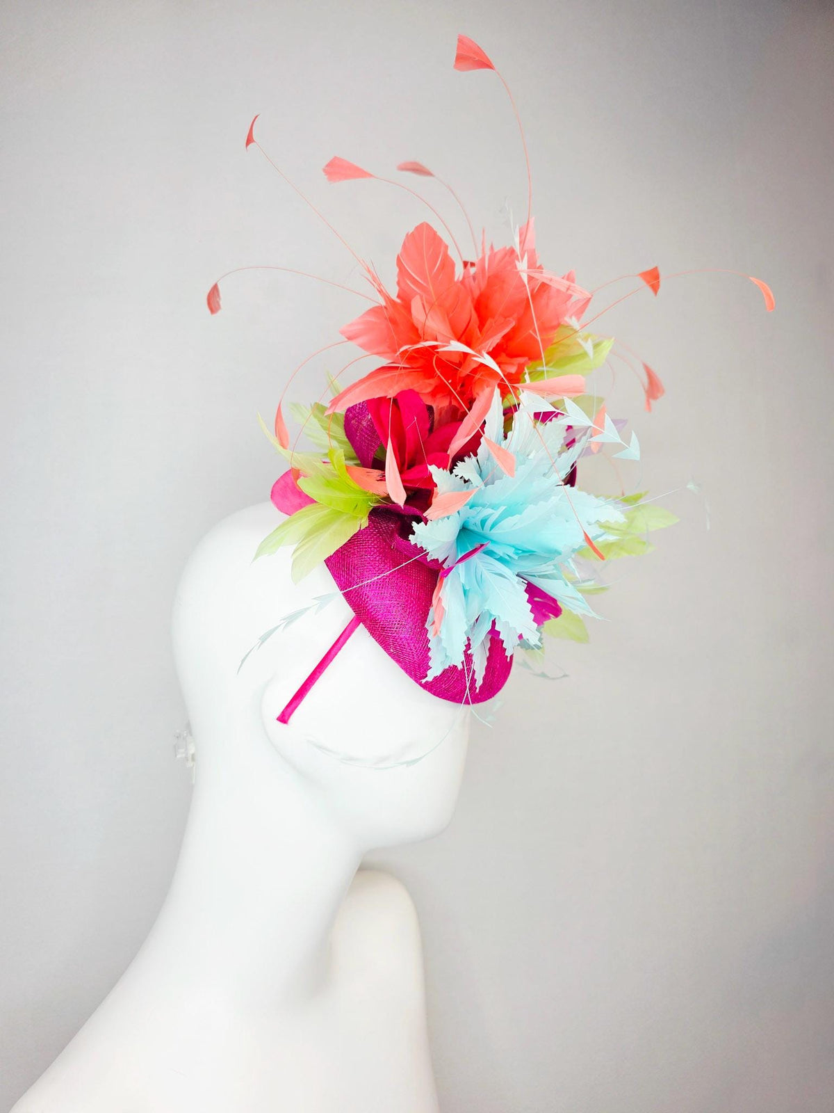 kentucky derby hat fascinator fuchsia pink sinamay with light sky blue lime green feather flowers coral peach orange branching feathers