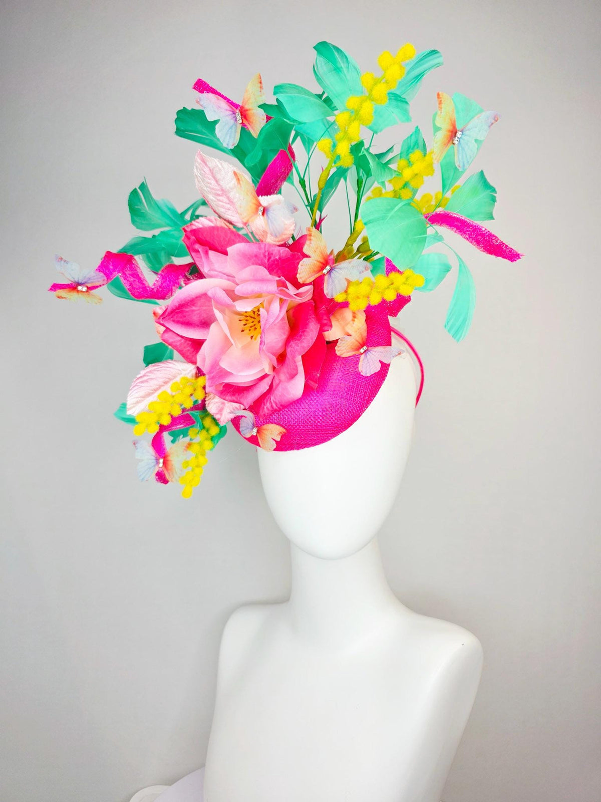 kentucky derby hat fascinator fuchsia pink sinamay ombre pink satin flower light pink leaves mint green feathers yellow stems butterflies