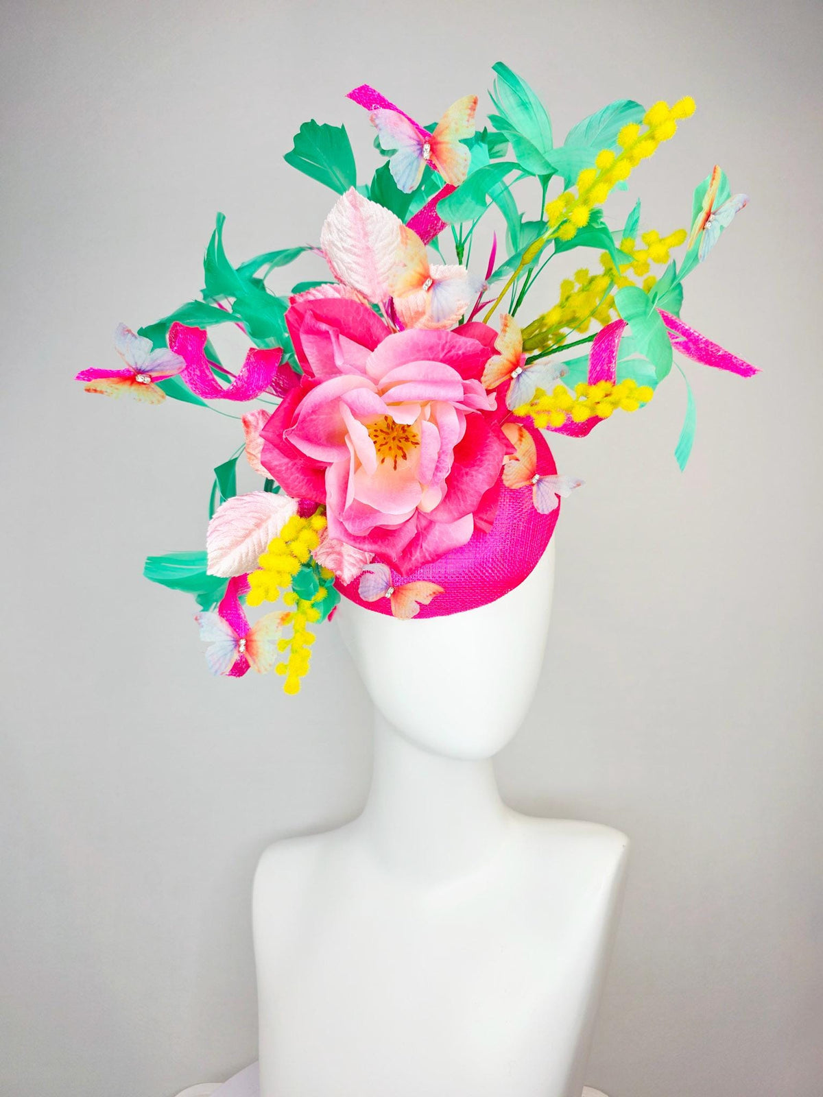 kentucky derby hat fascinator fuchsia pink sinamay ombre pink satin flower light pink leaves mint green feathers yellow stems butterflies