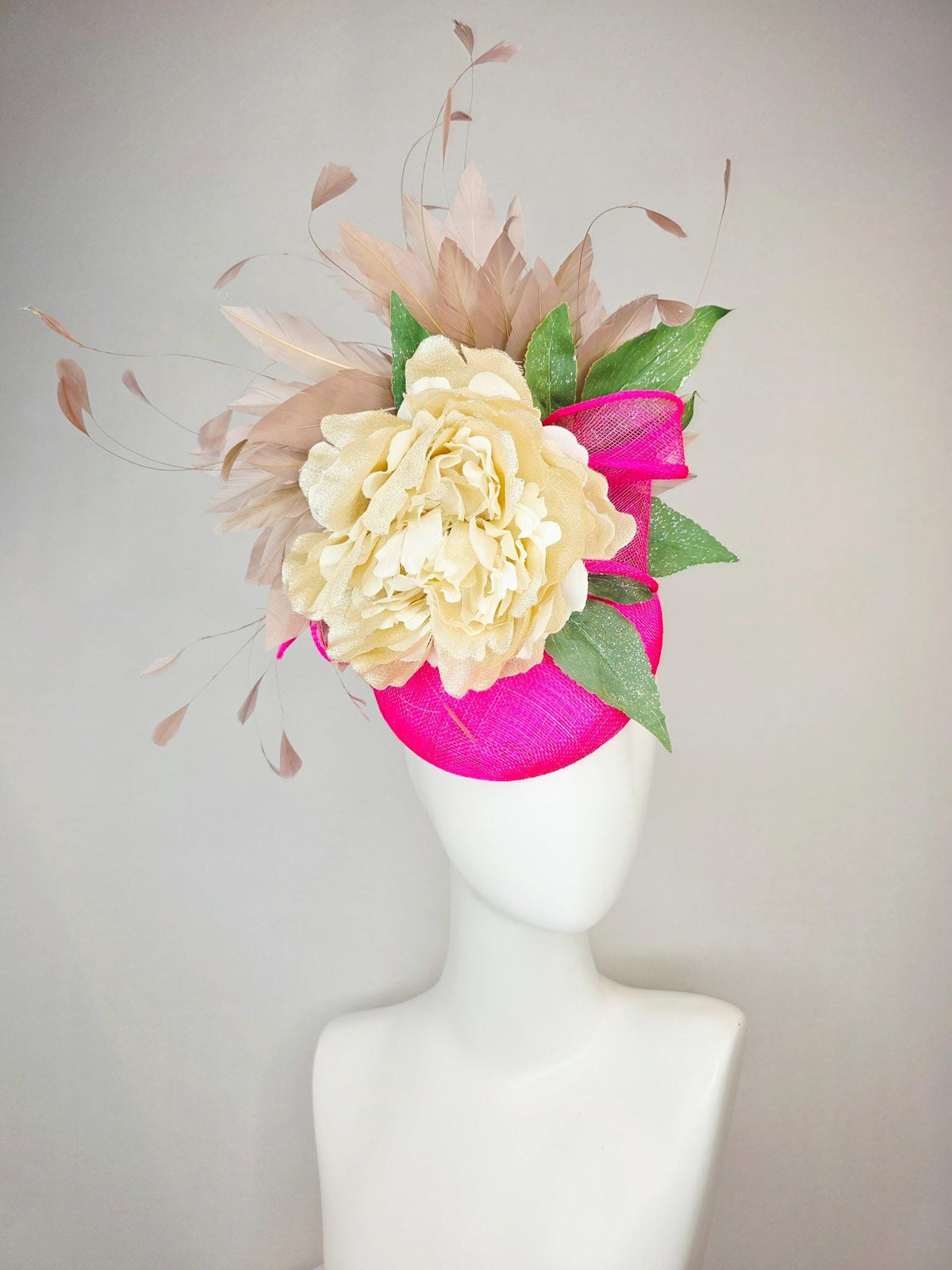 kentucky derby hat fascinator fuchsia bright pink sinamay with sinamay bow gold beige organza silk flower green leaves taupe brown feathers