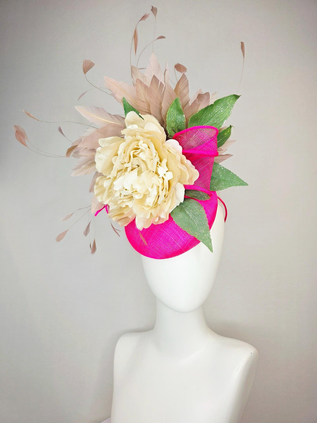 kentucky derby hat fascinator fuchsia bright pink sinamay with sinamay bow gold beige organza silk flower green leaves taupe brown feathers