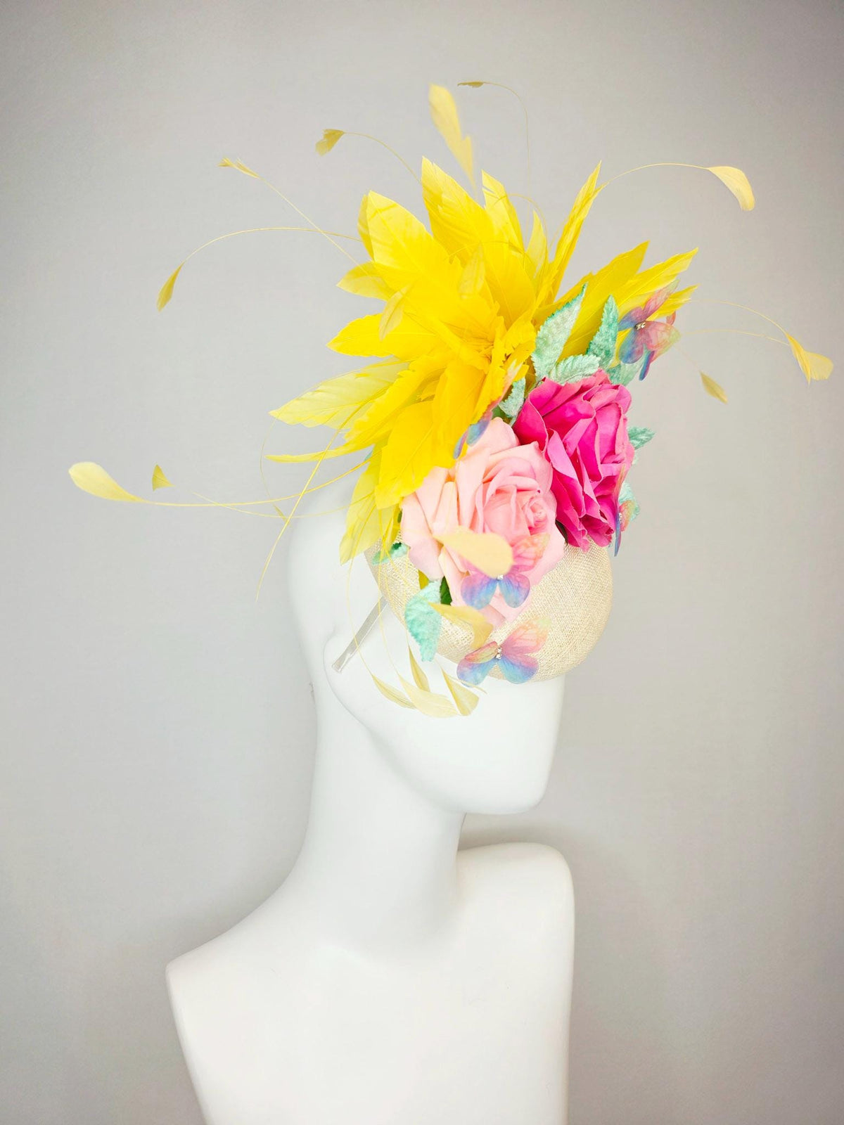 kentucky derby hat fascinator neutral ivory white sinamay and pink satin roses mint green leaves yellow feathers blue blush pink butterflies