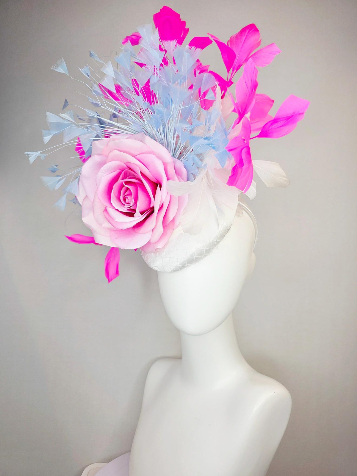 kentucky derby hat fascinator white satin with netting large ombre pink satin rose sky blue lavender fuchsia pink white branching feathers