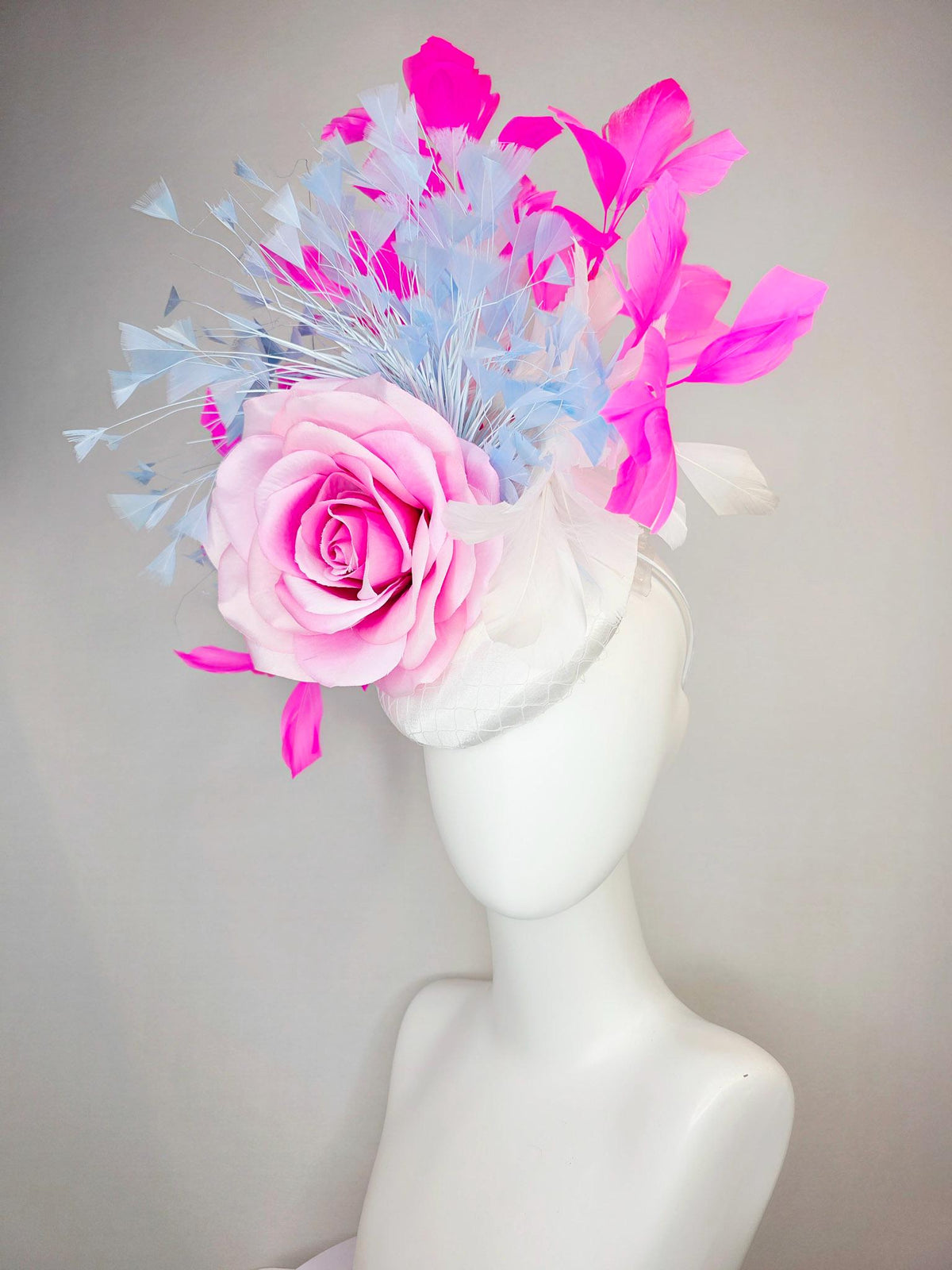 kentucky derby hat fascinator white satin with netting large ombre pink satin rose sky blue lavender fuchsia pink white branching feathers