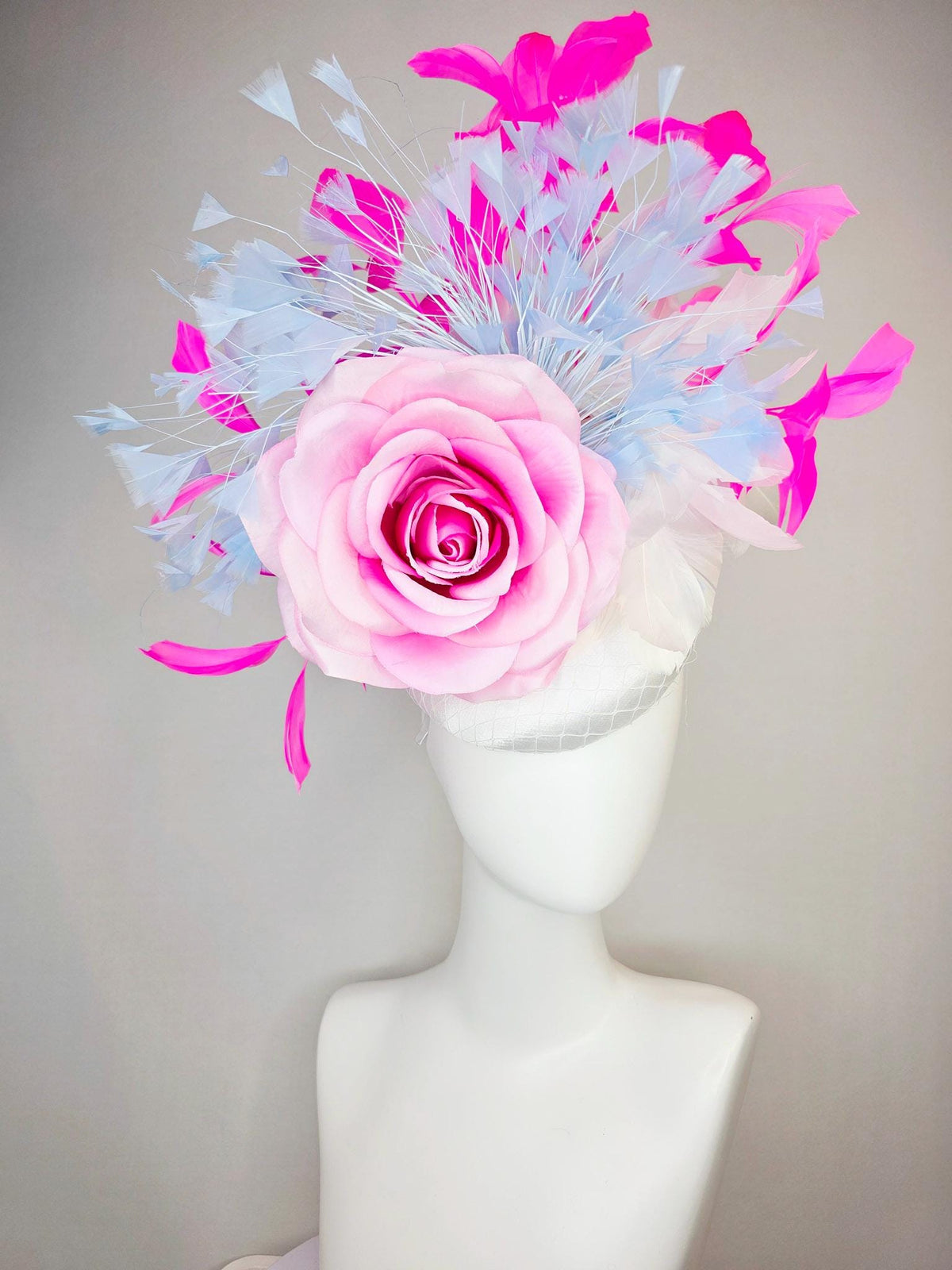 kentucky derby hat fascinator white satin with netting large ombre pink satin rose sky blue lavender fuchsia pink white branching feathers