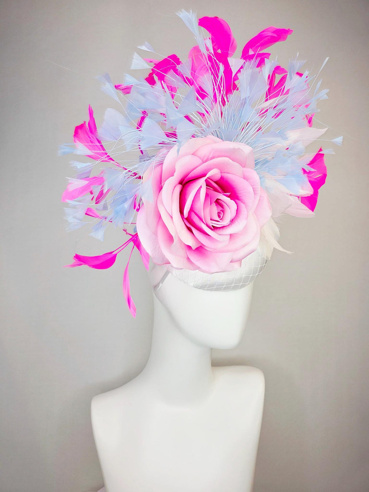 kentucky derby hat fascinator white satin with netting large ombre pink satin rose sky blue lavender fuchsia pink white branching feathers