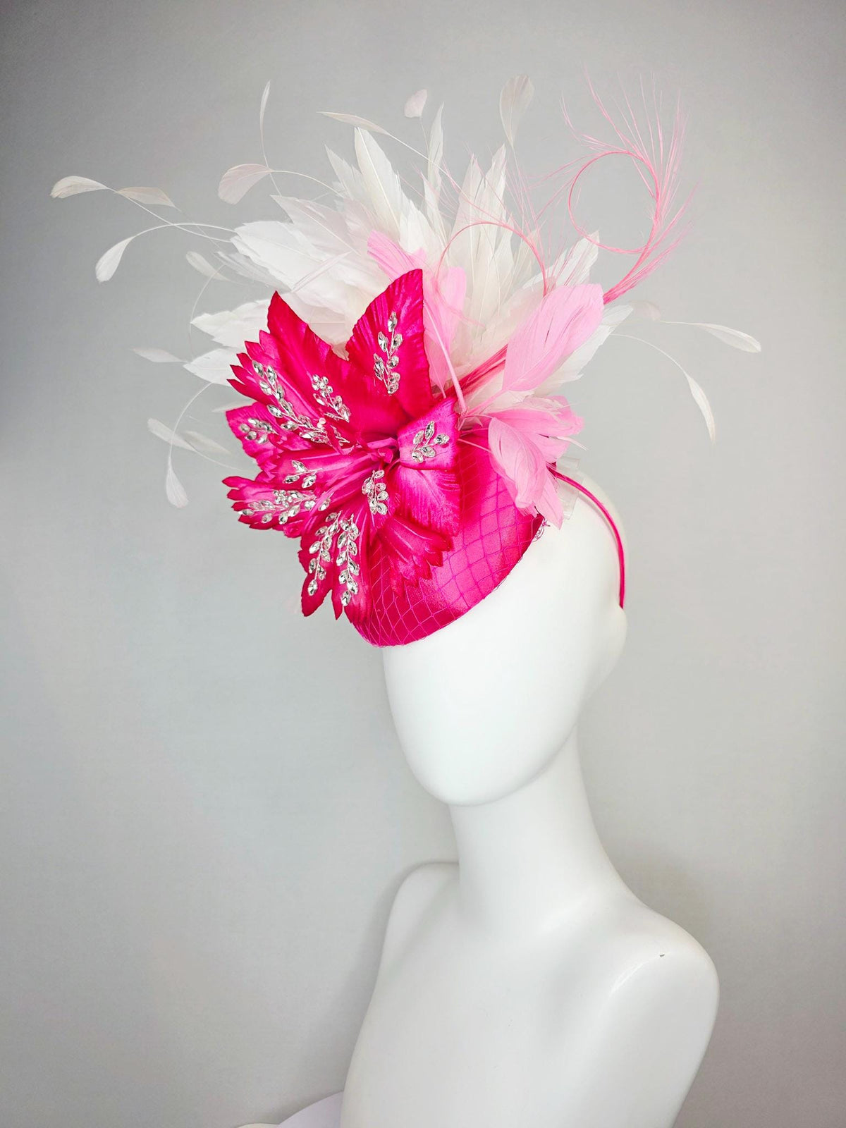 kentucky derby hat fascinator fuchsia pink satin with netting hot pink satin flower with crystal rhinestones ivory white baby pink feathers