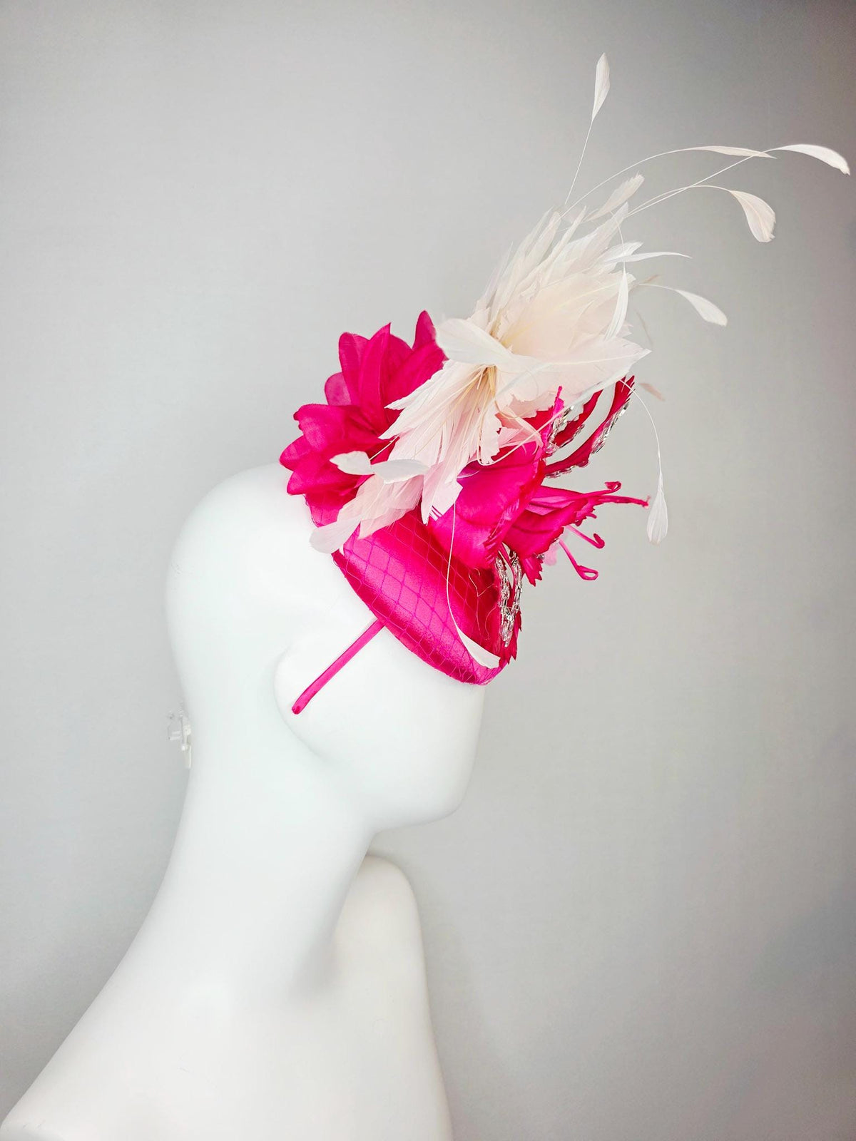 kentucky derby hat fascinator fuchsia pink satin with netting hot pink satin flower with crystal rhinestones ivory white baby pink feathers