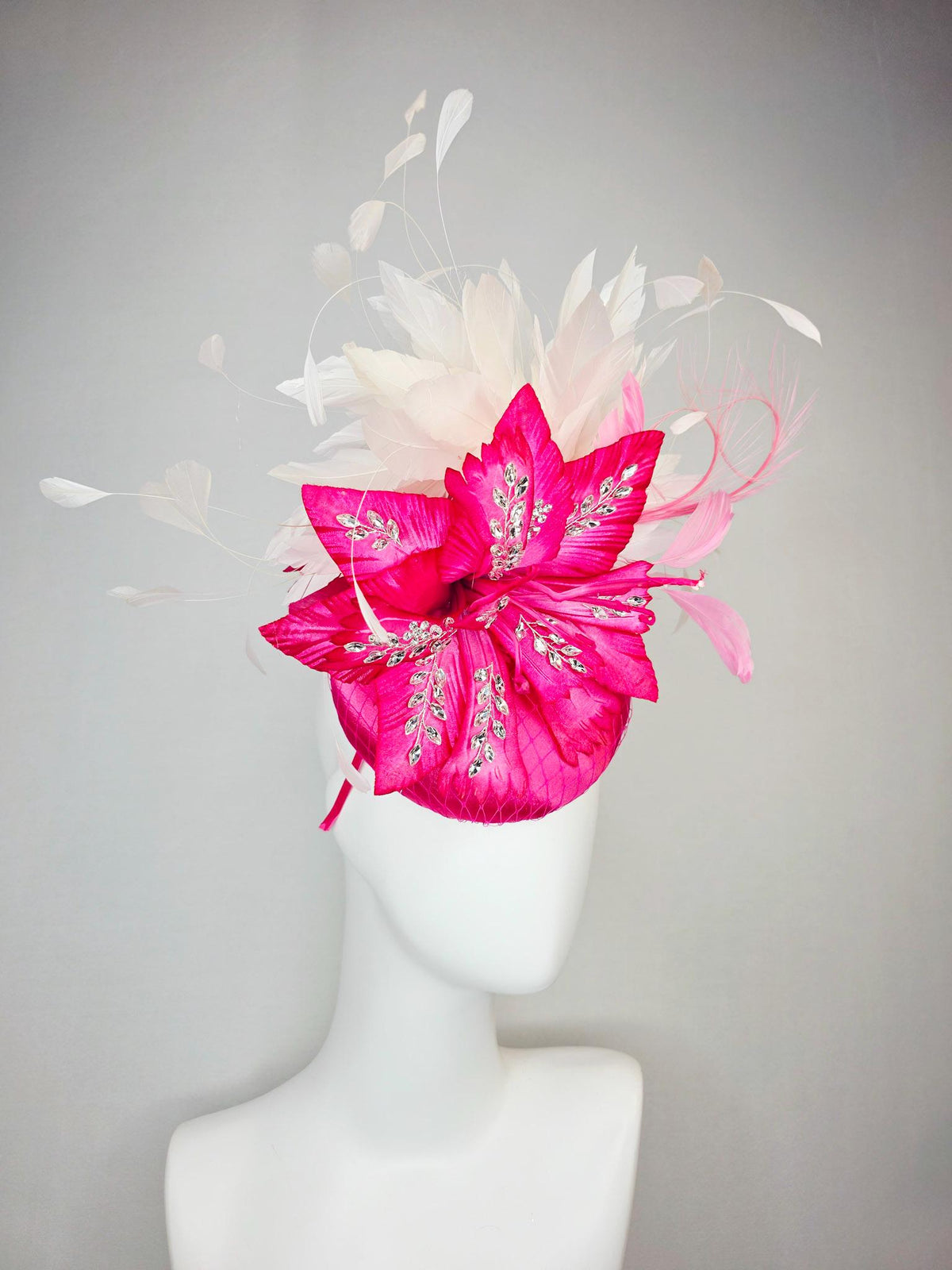 kentucky derby hat fascinator fuchsia pink satin with netting hot pink satin flower with crystal rhinestones ivory white baby pink feathers