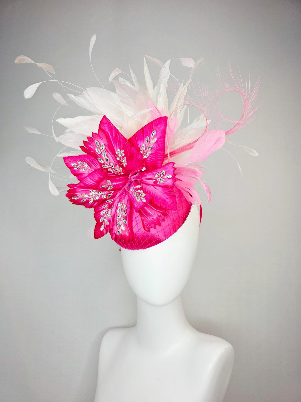 kentucky derby hat fascinator fuchsia pink satin with netting hot pink satin flower with crystal rhinestones ivory white baby pink feathers