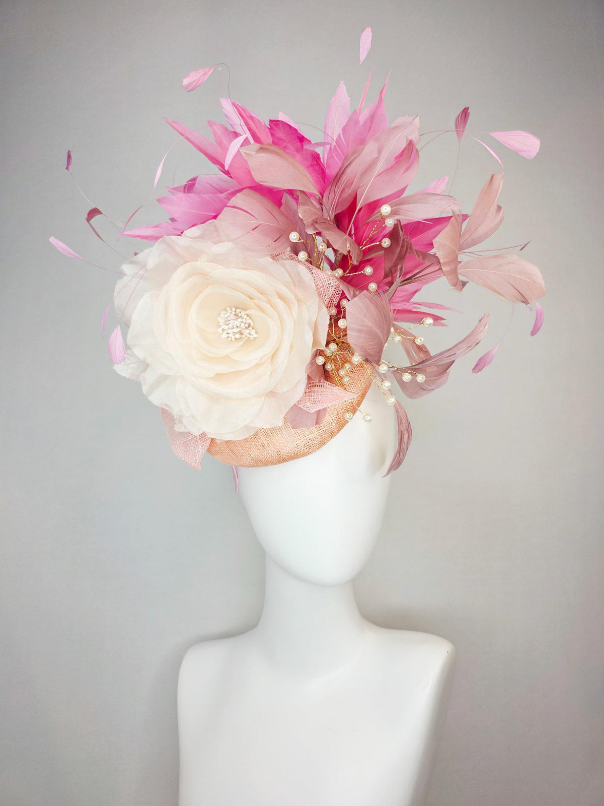 kentucky derby hat fascinator champagne beige sinamay ivory white organza rose dusty rose mauve blush pink branching feathers pearl strings