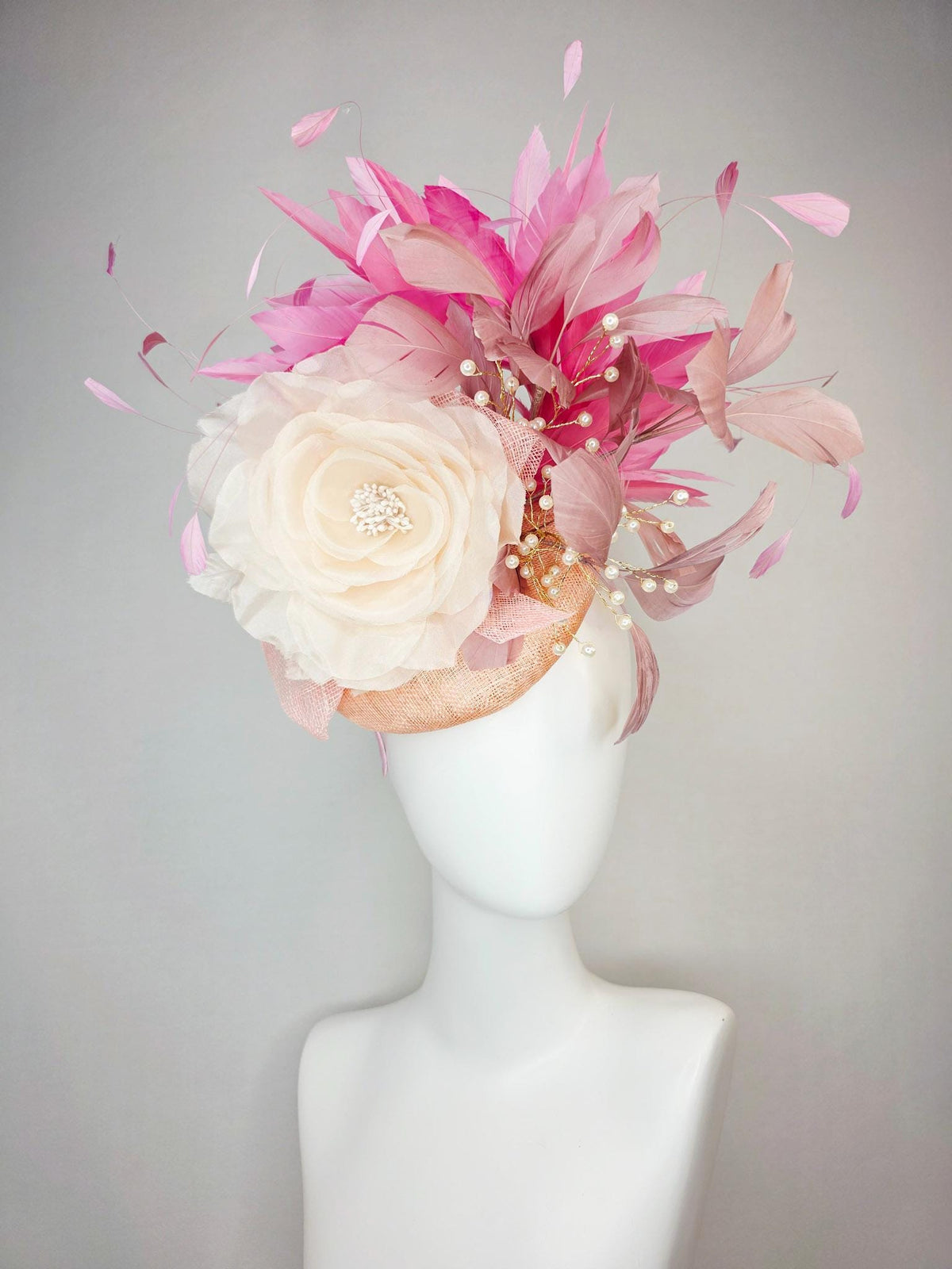 kentucky derby hat fascinator champagne beige sinamay ivory white organza rose dusty rose mauve blush pink branching feathers pearl strings