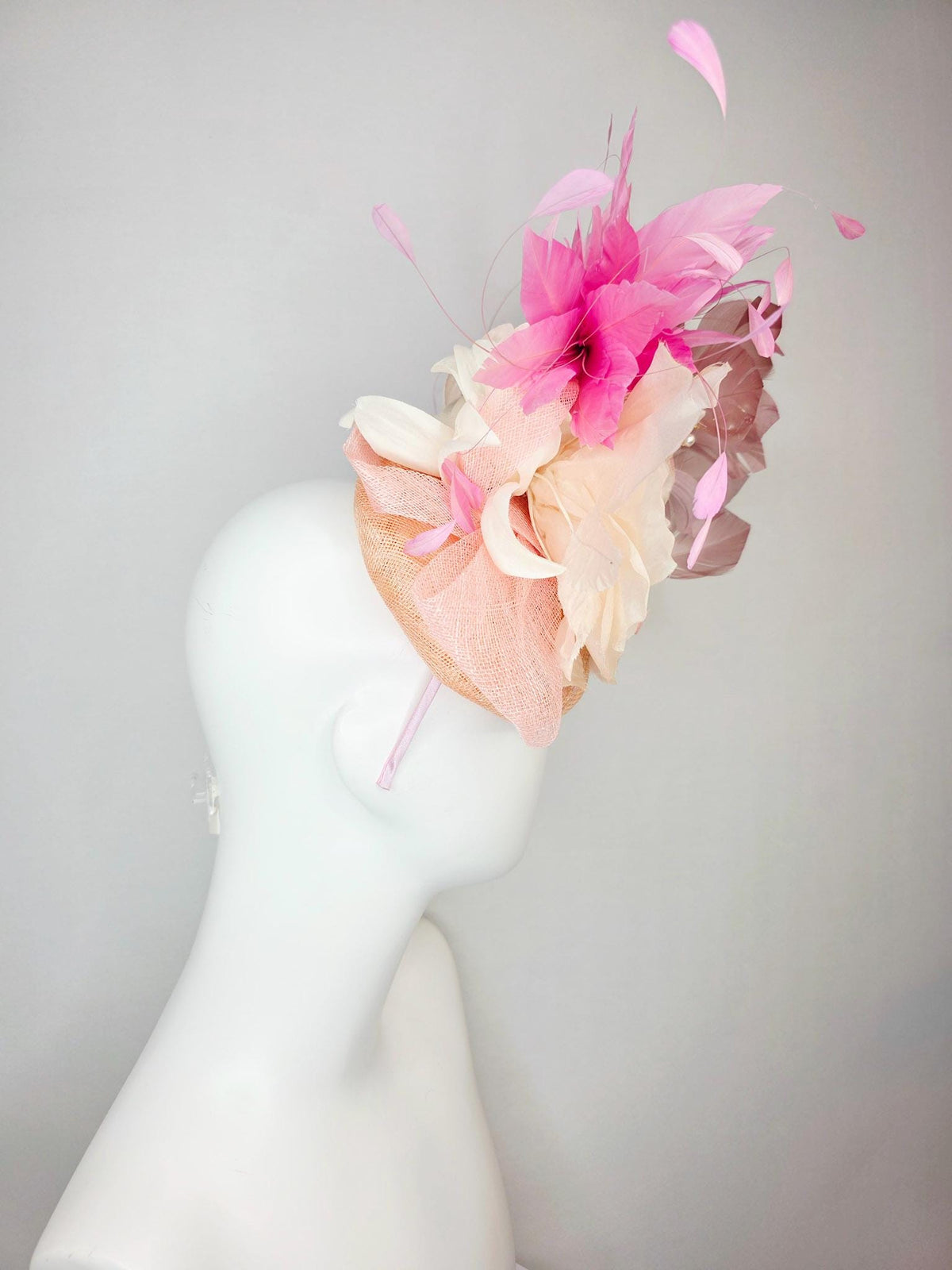 kentucky derby hat fascinator champagne beige sinamay ivory white organza rose dusty rose mauve blush pink branching feathers pearl strings