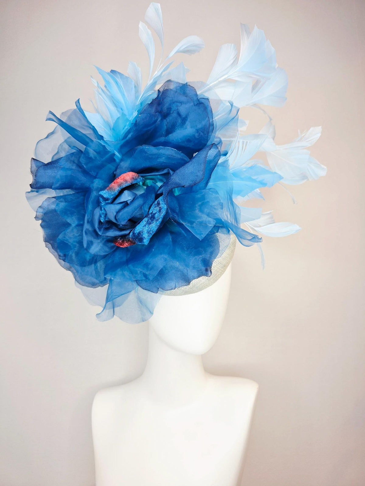 kentucky derby hat fascinator ivory white sinamay with large cobalt royal blue organza flower and light baby sky blue branching feathers
