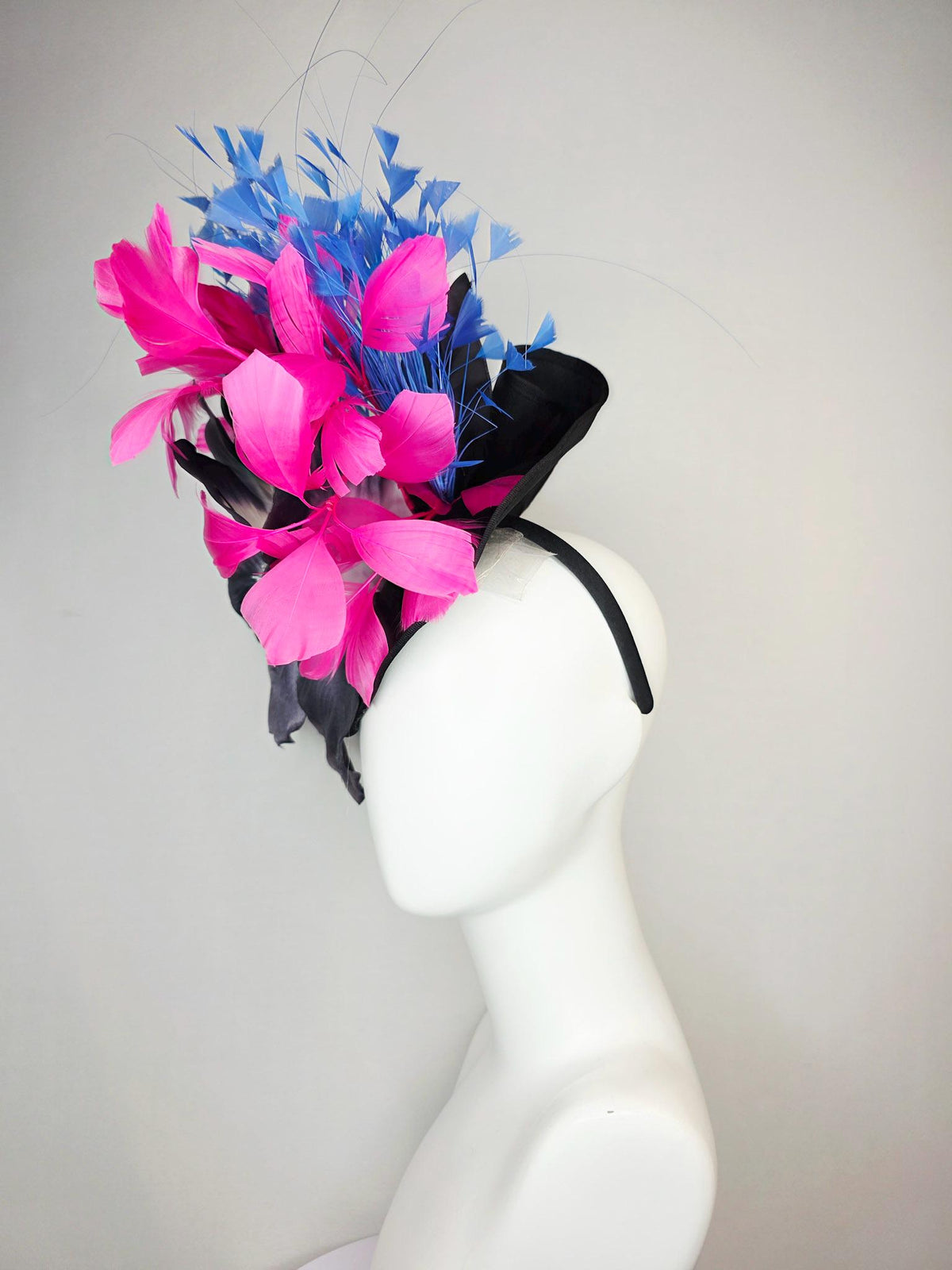 kentucky derby hat fascinator black shantung saucer large charcoal gray ombre satin silk flower pink and royal sky blue branching feathers