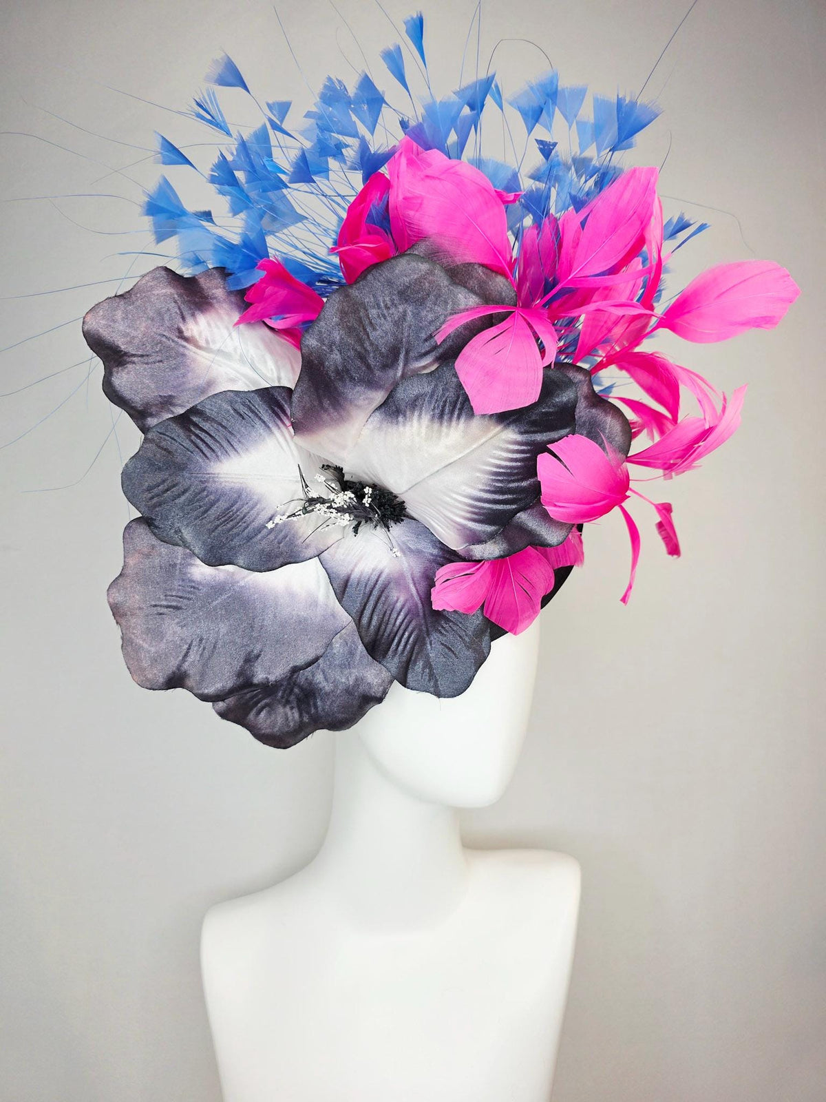 kentucky derby hat fascinator black shantung saucer large charcoal gray ombre satin silk flower pink and royal sky blue branching feathers