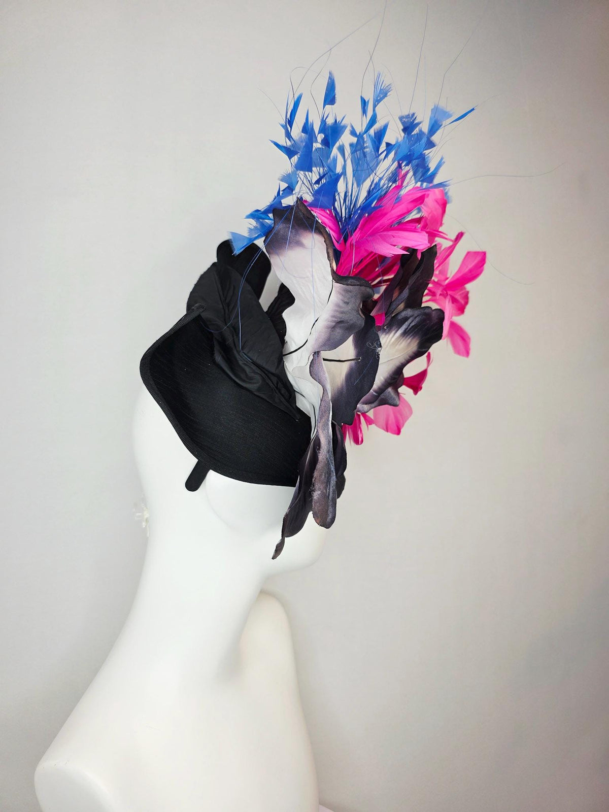kentucky derby hat fascinator black shantung saucer large charcoal gray ombre satin silk flower pink and royal sky blue branching feathers