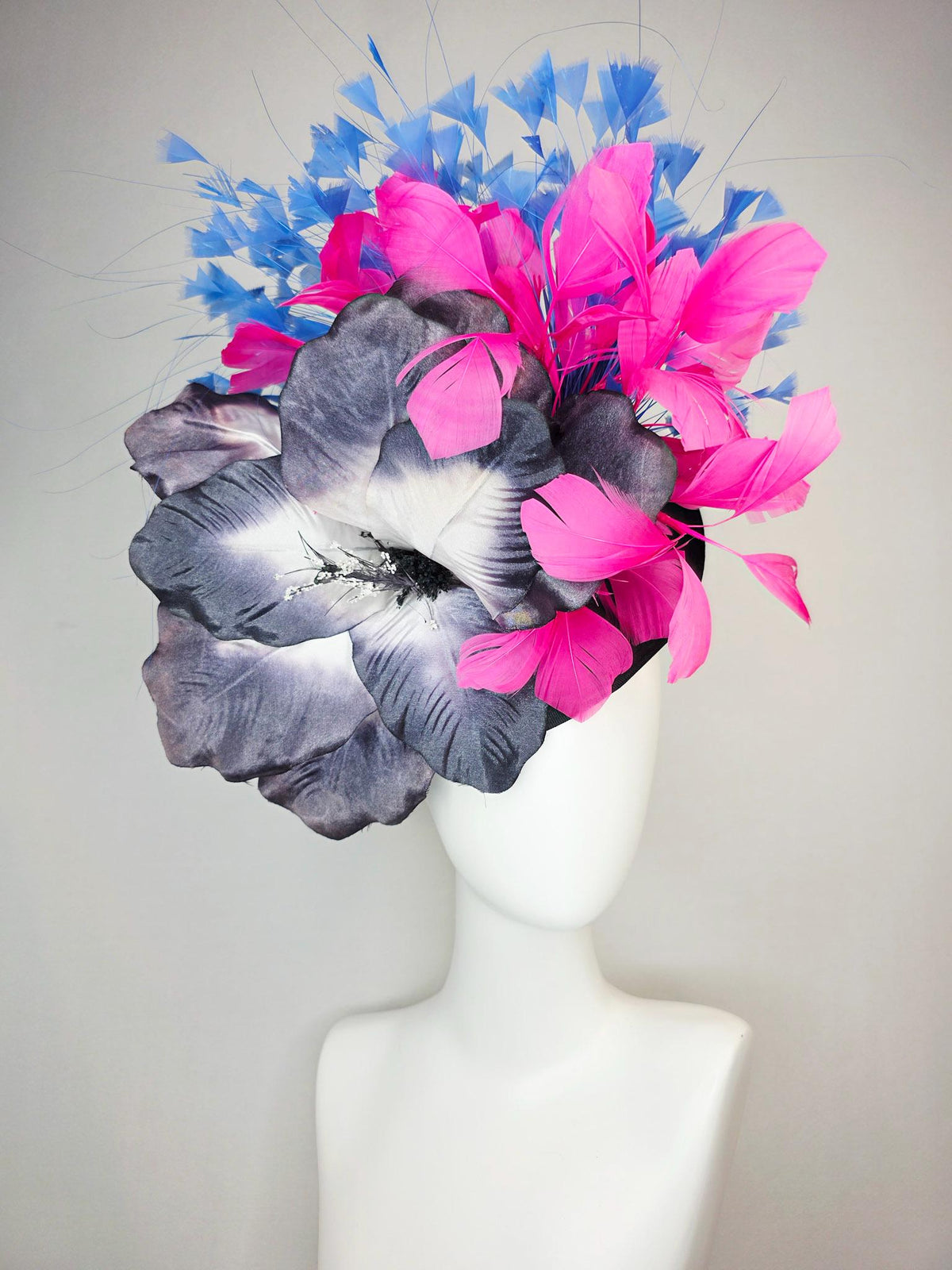 kentucky derby hat fascinator black shantung saucer large charcoal gray ombre satin silk flower pink and royal sky blue branching feathers