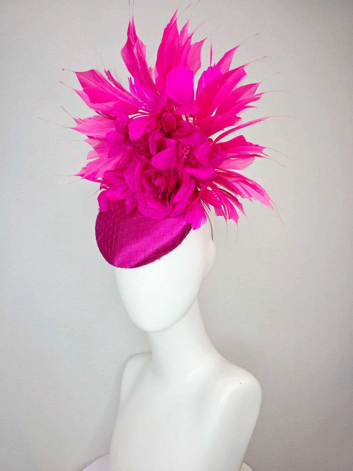 kentucky derby hat fascinator magenta pink satin with netting with fuchsia pink satin rose and hot bright pink branching feathers