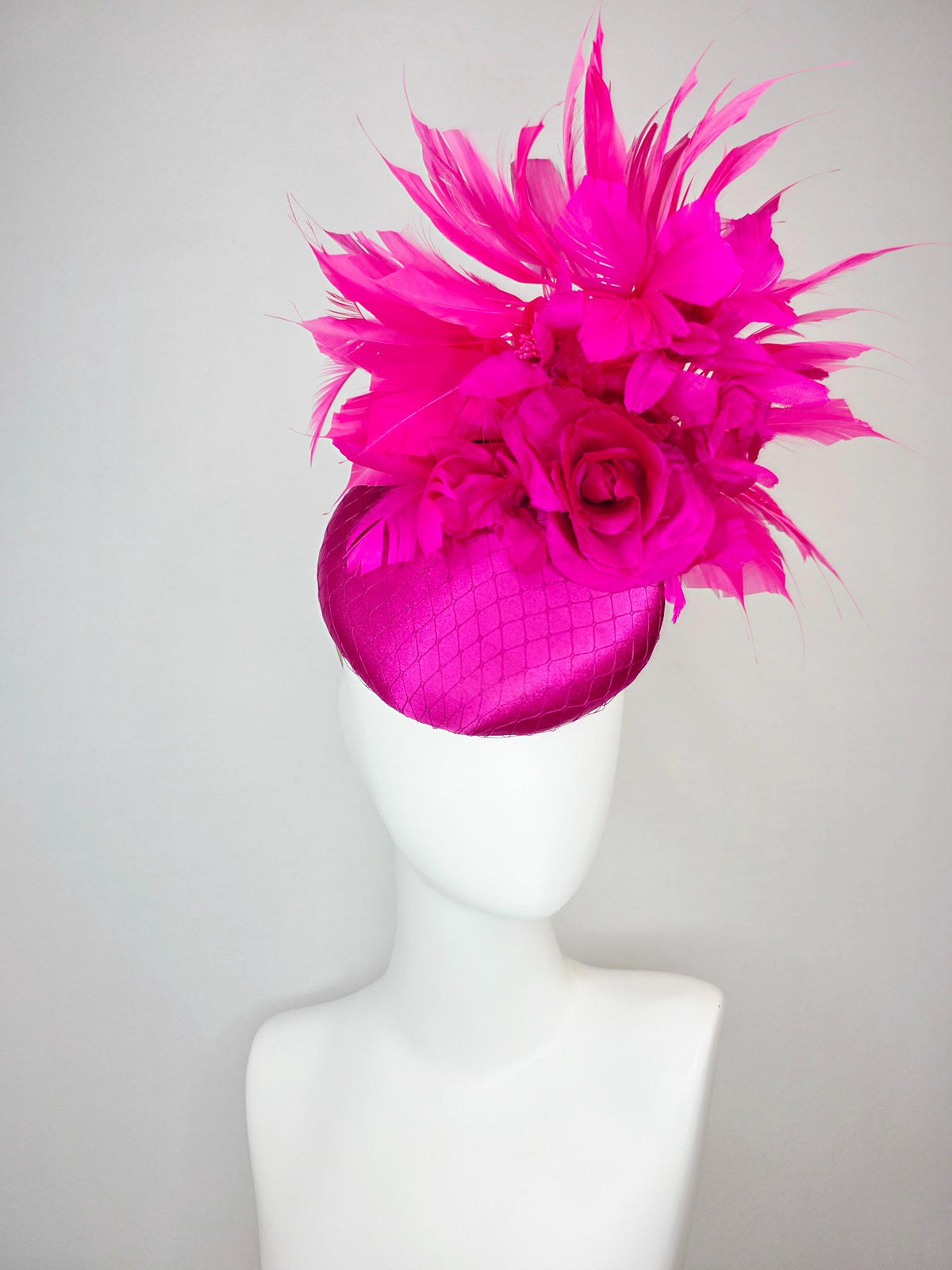 kentucky derby hat fascinator magenta pink satin with netting with fuchsia pink satin rose and hot bright pink branching feathers
