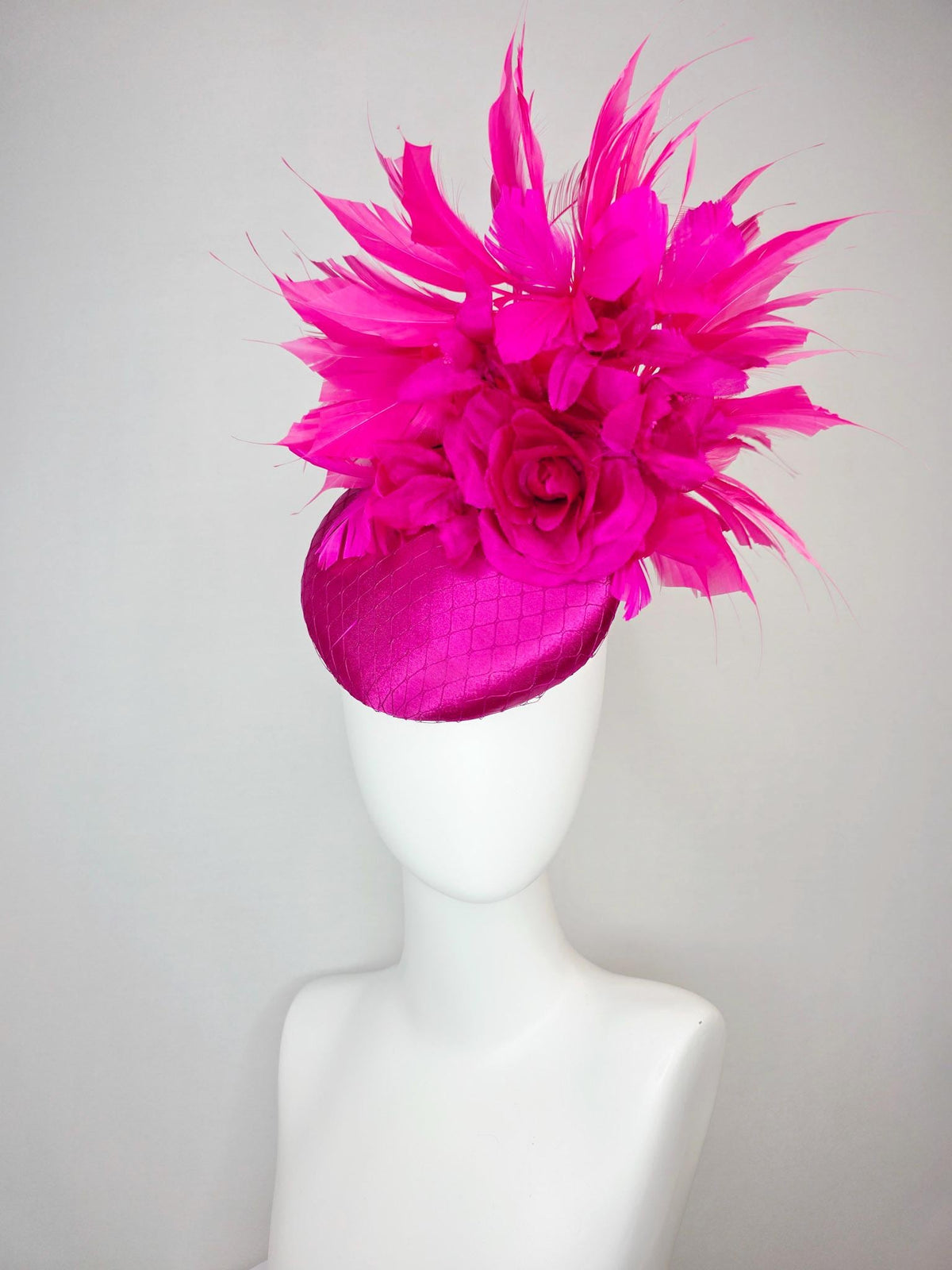 kentucky derby hat fascinator magenta pink satin with netting with fuchsia pink satin rose and hot bright pink branching feathers