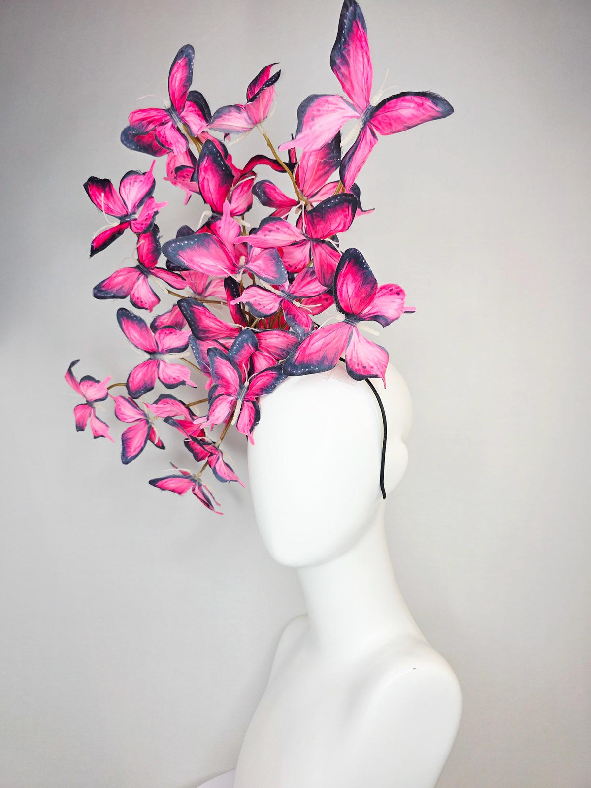 kentucky derby hat fascinator large branching hot raspberry pink red black and white fabric butterflies on headband