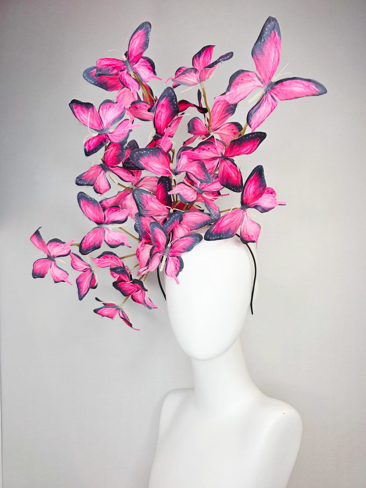 kentucky derby hat fascinator large branching hot raspberry pink red black and white fabric butterflies on headband