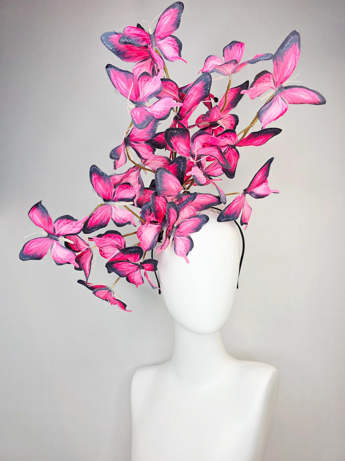 kentucky derby hat fascinator large branching hot raspberry pink red black and white fabric butterflies on headband